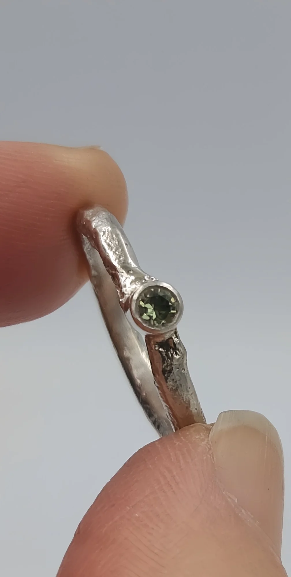 Handforged Green Sapphire Rustic Silver Ring - Size H