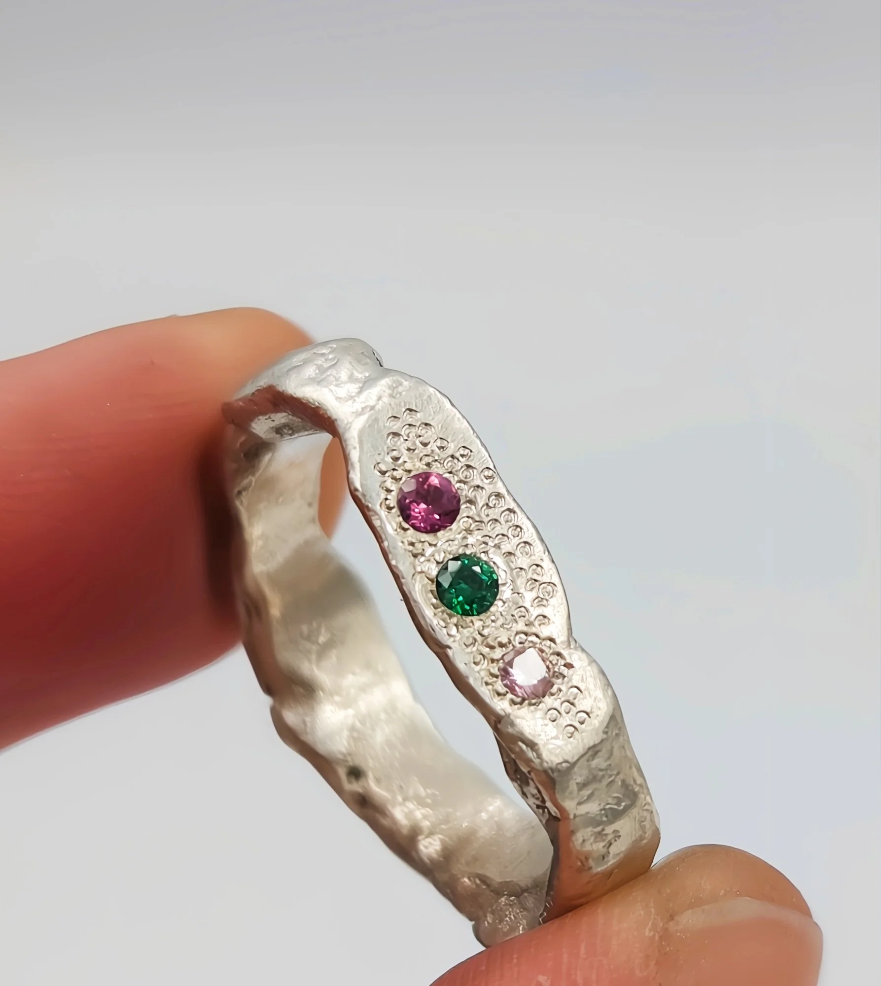 Hand-Forged Silver Signet Ring with Green & Pink CZ Gems and Rhodolite Garnet