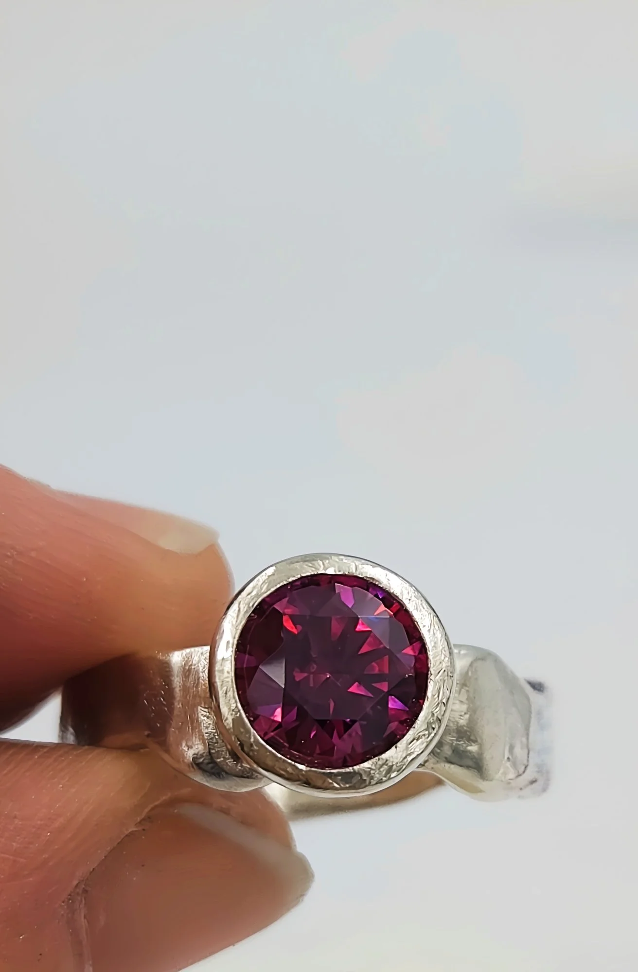 Forged Silver Ring with Pink Faceted Cubic Zirconia - Size P