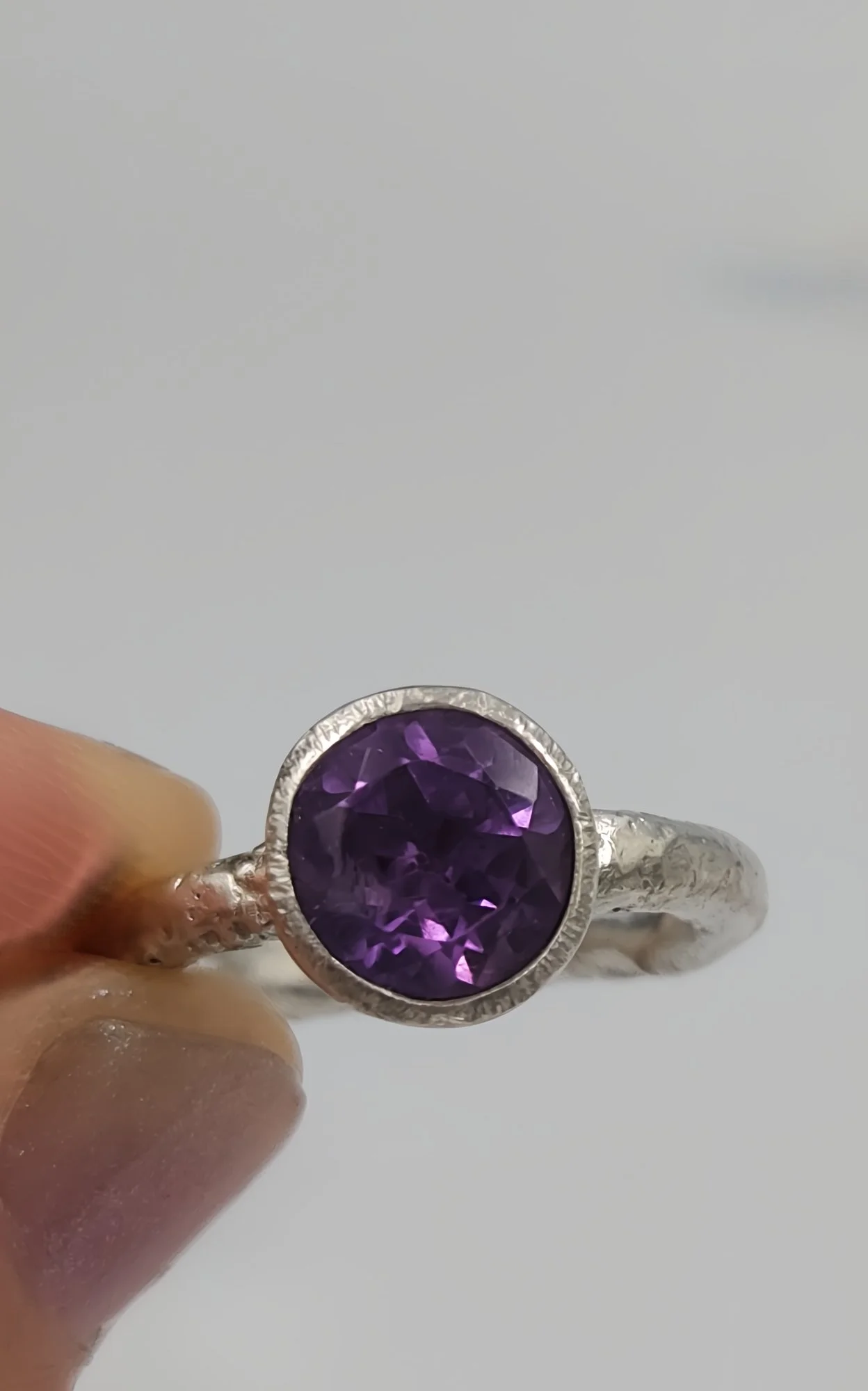Forged Silver Ring with Faceted Purple Amethyst - Size I