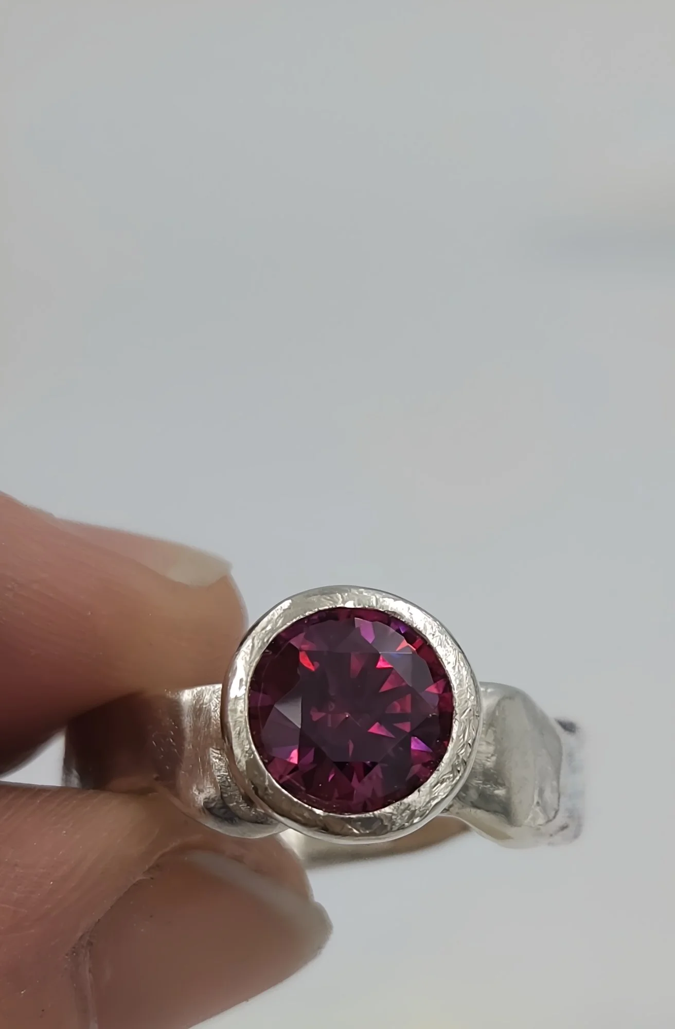 Forged Silver Ring with Pink Faceted Cubic Zirconia - Size P