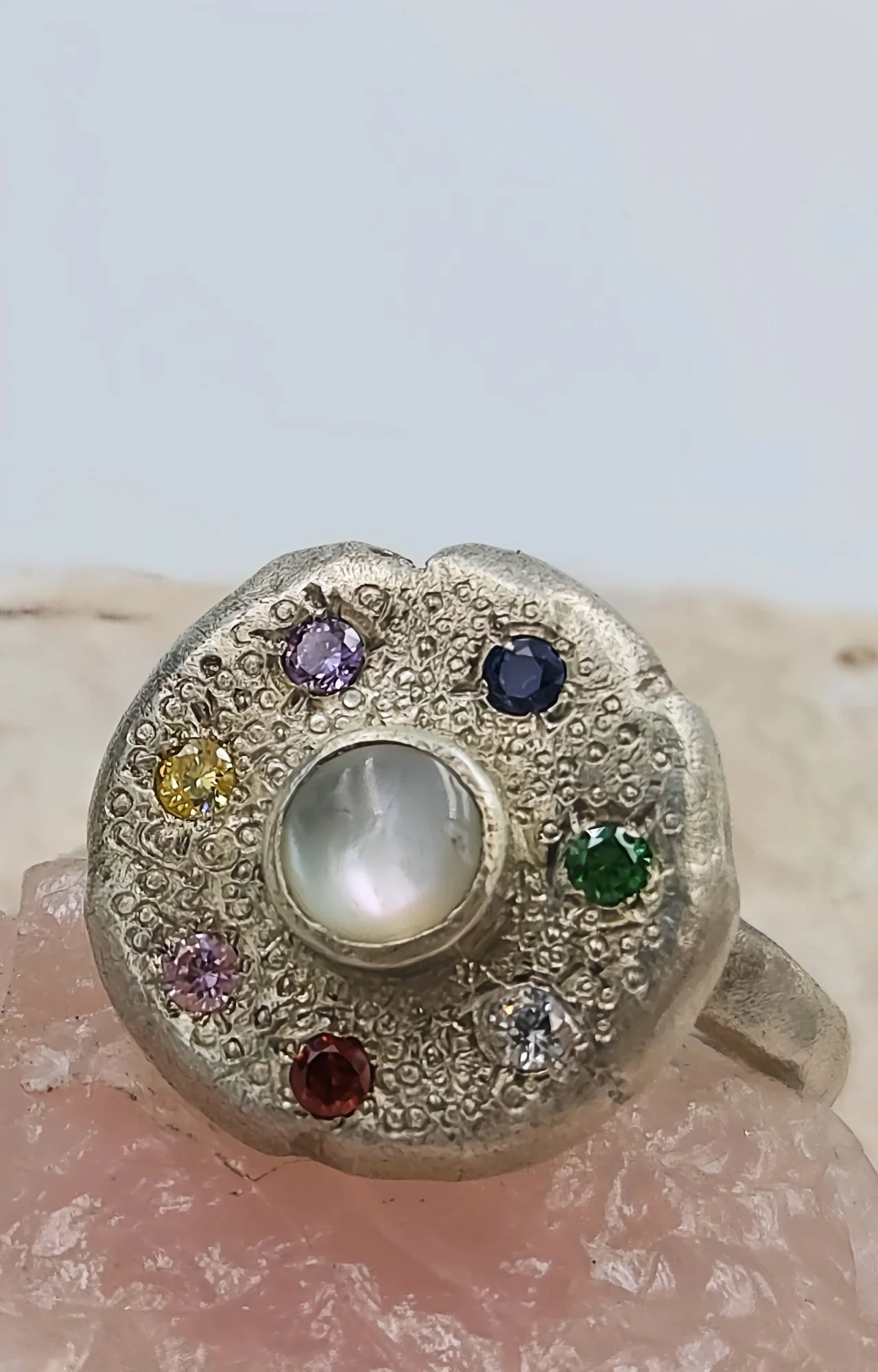 Paint Palette Textured Silver Ring with Mother of Pearl