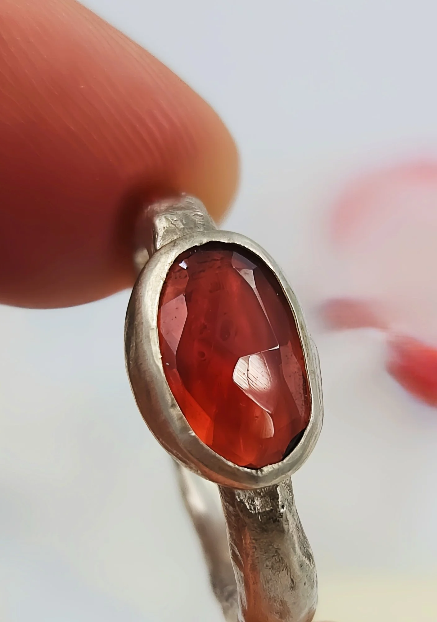 Textured Silver Ring with Faceted Garnet Slice