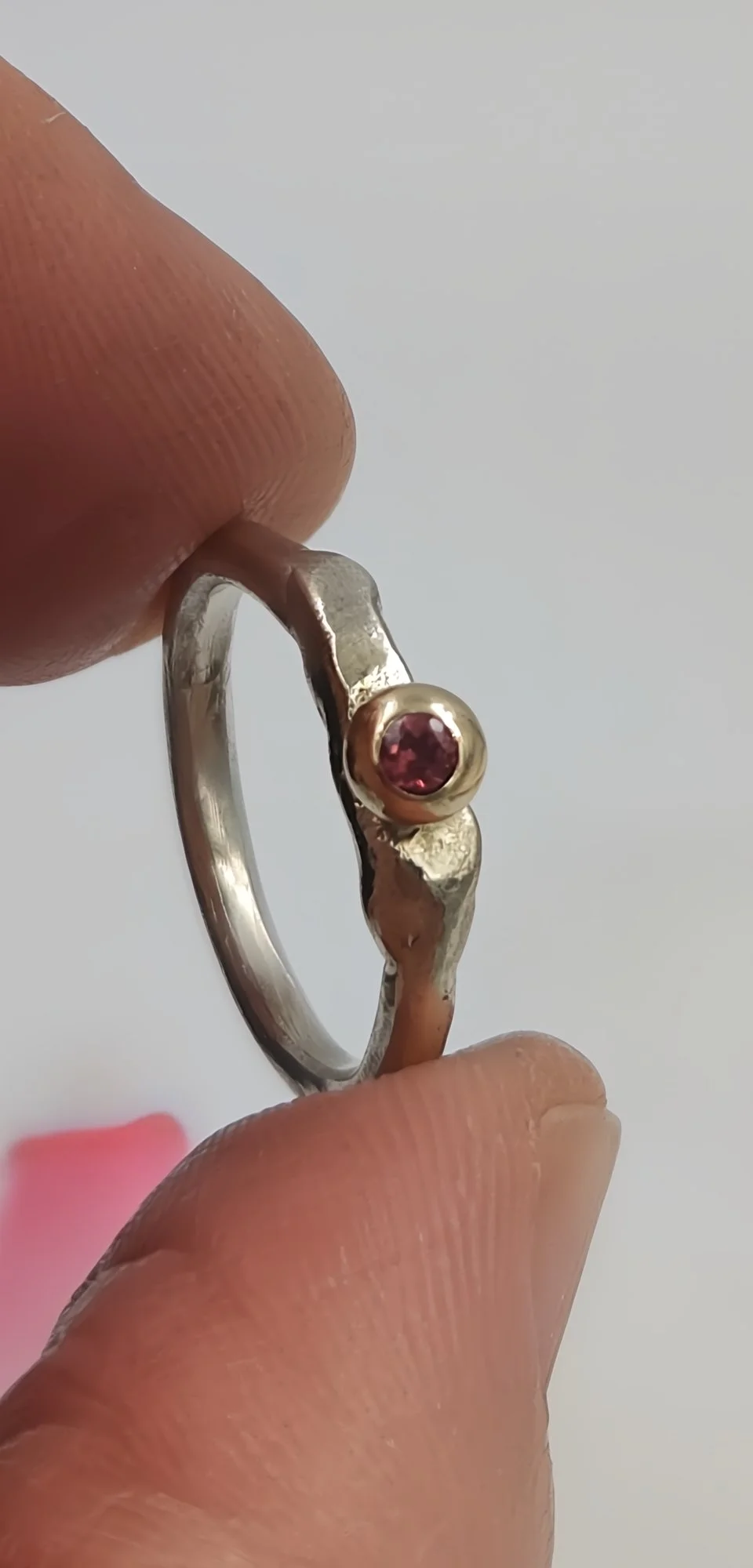 Molten Silver Pinky Ring with Gold Granule and Garnet