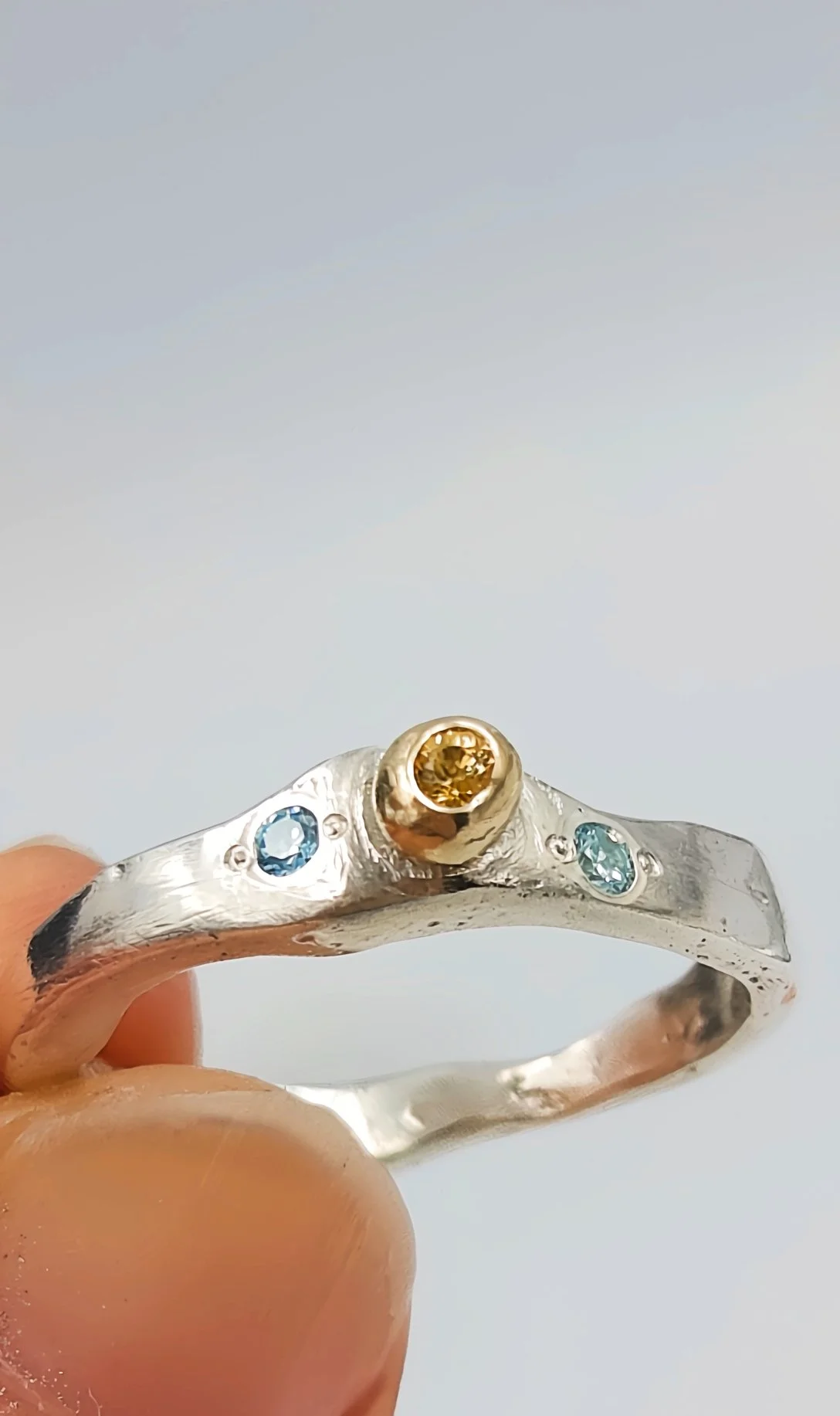 Sterling Silver & Gold Sapphire Artisan Ring - Size P