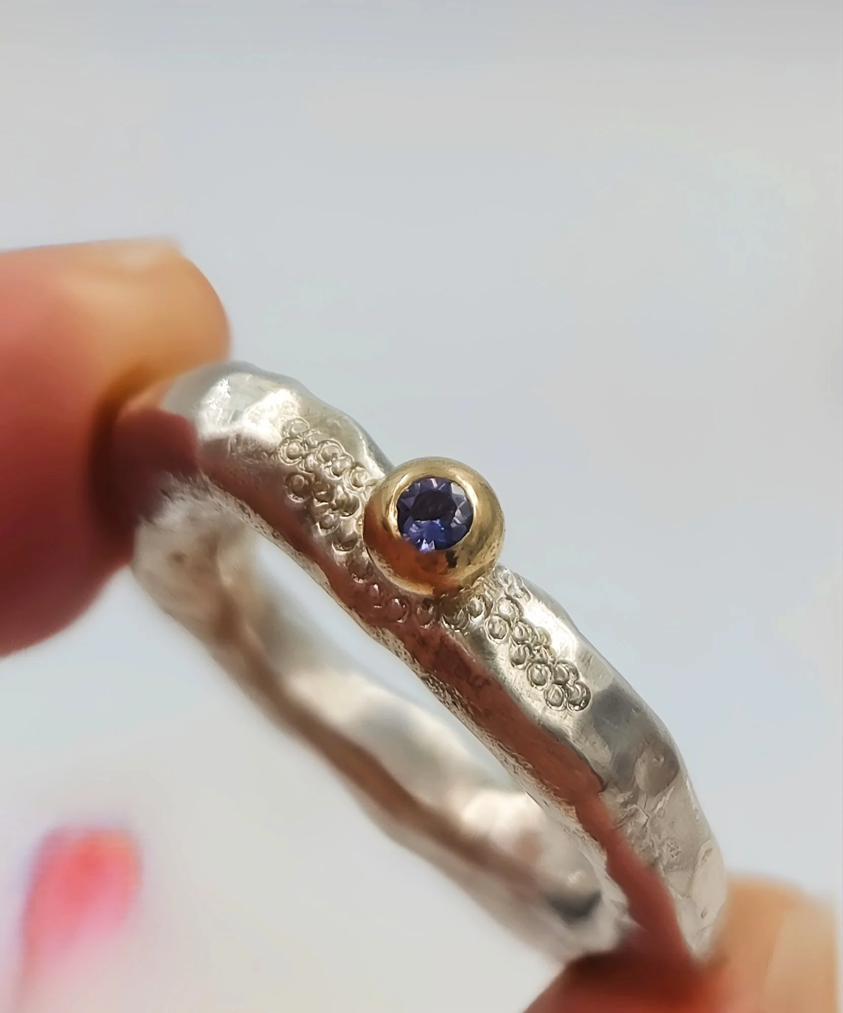 Hand Forged Sterling Silver Iolite Gold Ring - Size L