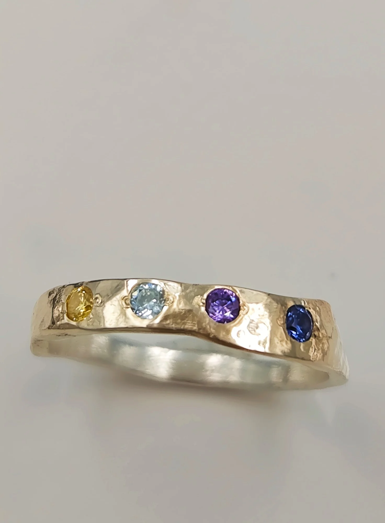 Hammered Silver & Gold Gemmed Stacking Ring - Size K