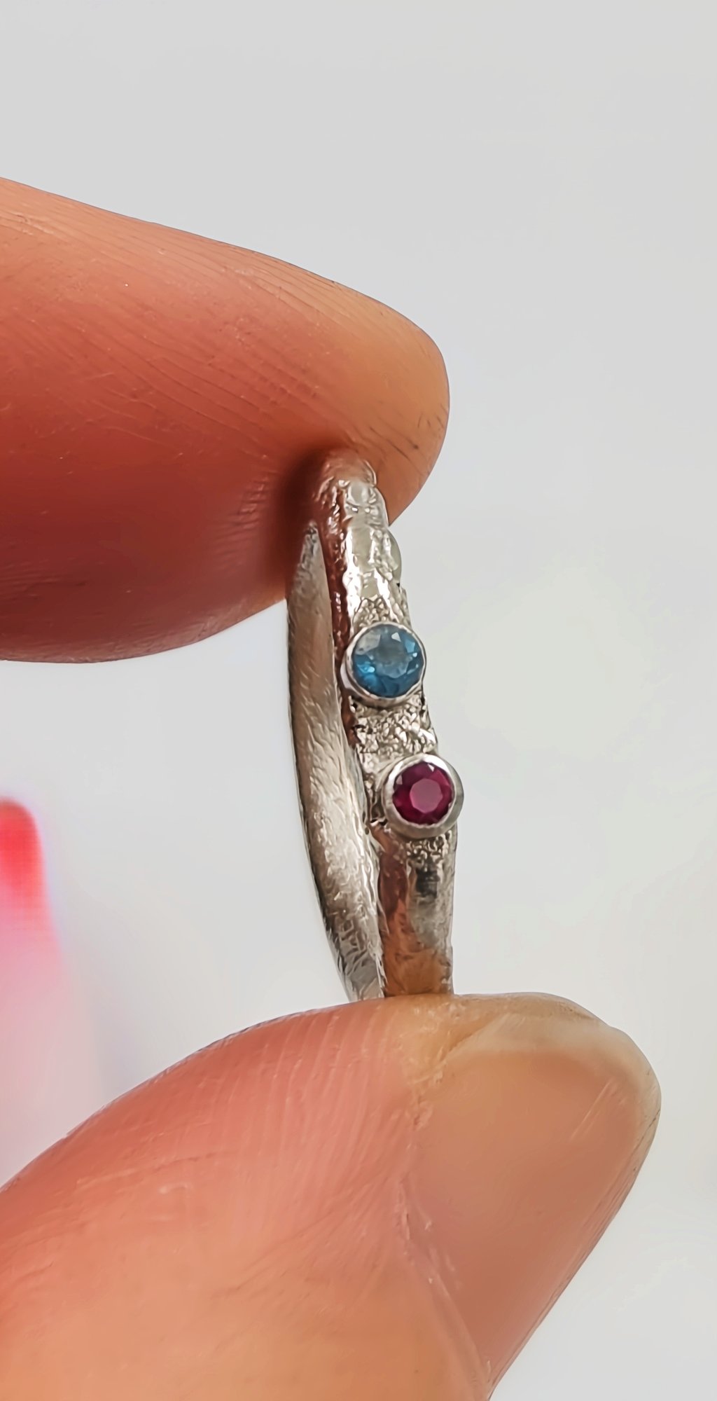Rustic Elegance: Handforged Silver Ring with Ruby & Apatite- Size G1/2
