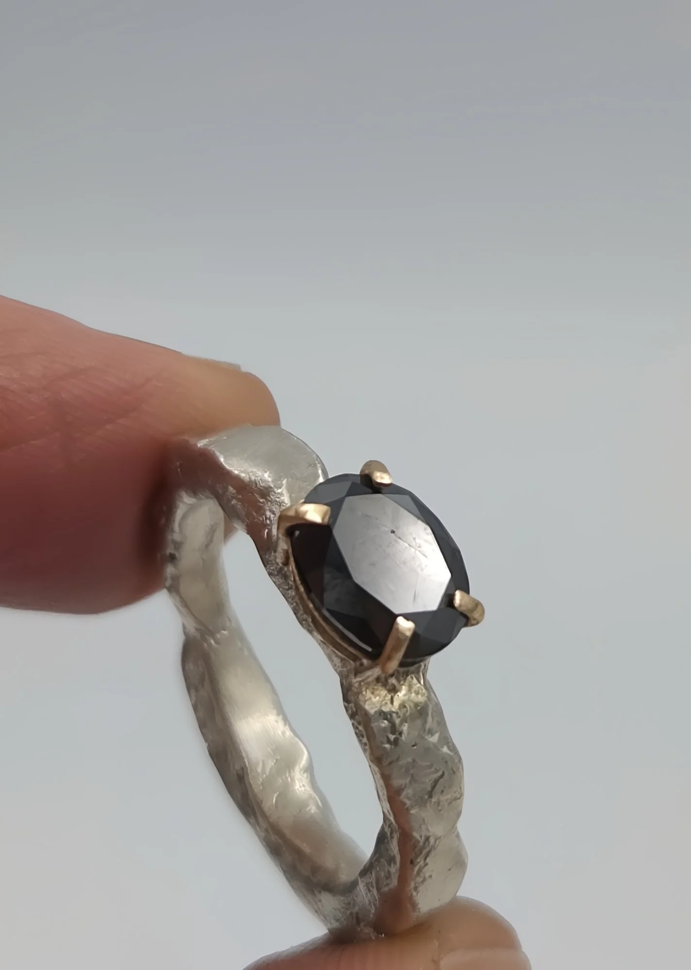 Hand-Forged Silver & Black Diamond Ring - Size N