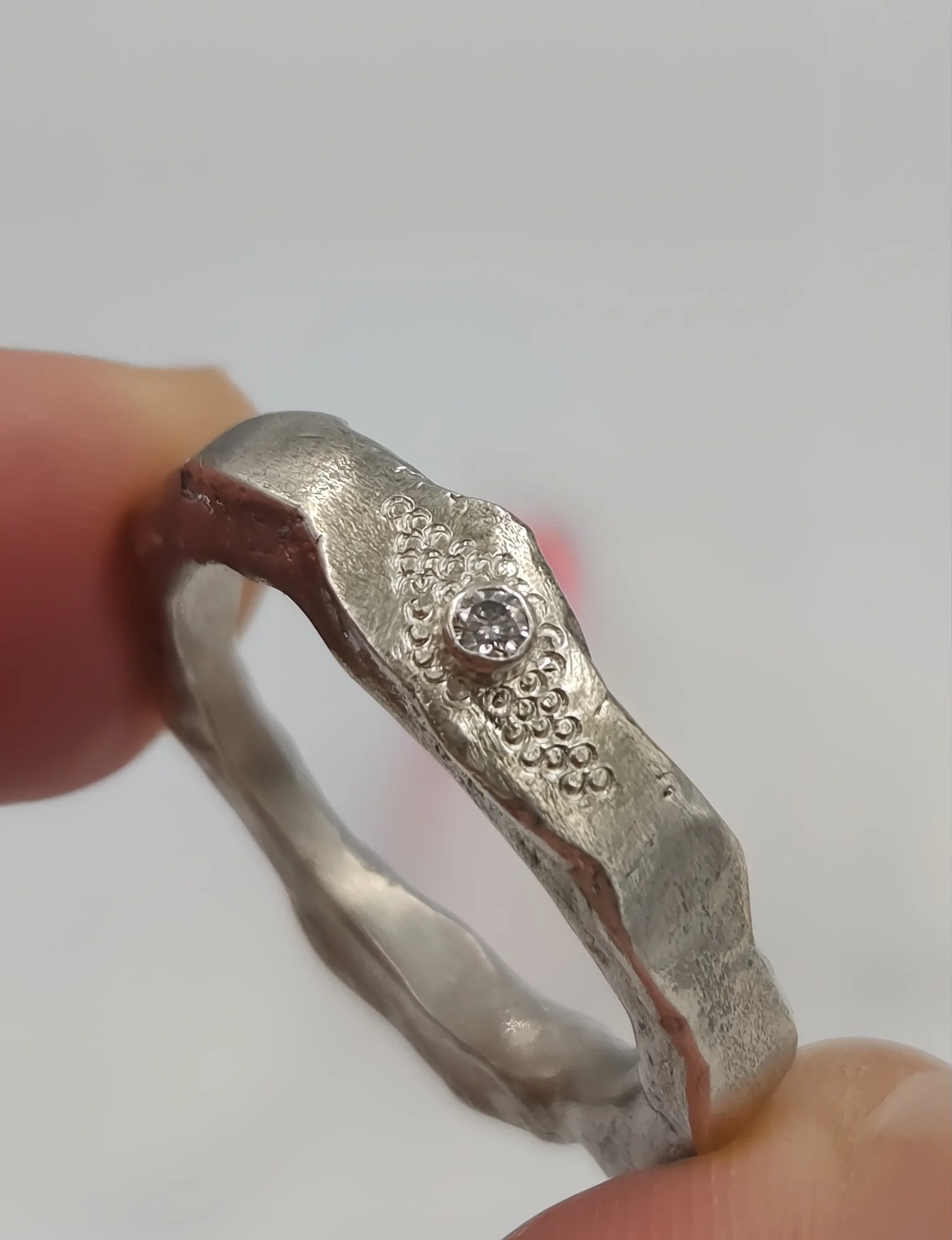 Molten Sterling Silver Ring with Lab-Grown Diamond – Organic Handcrafted Jewellery