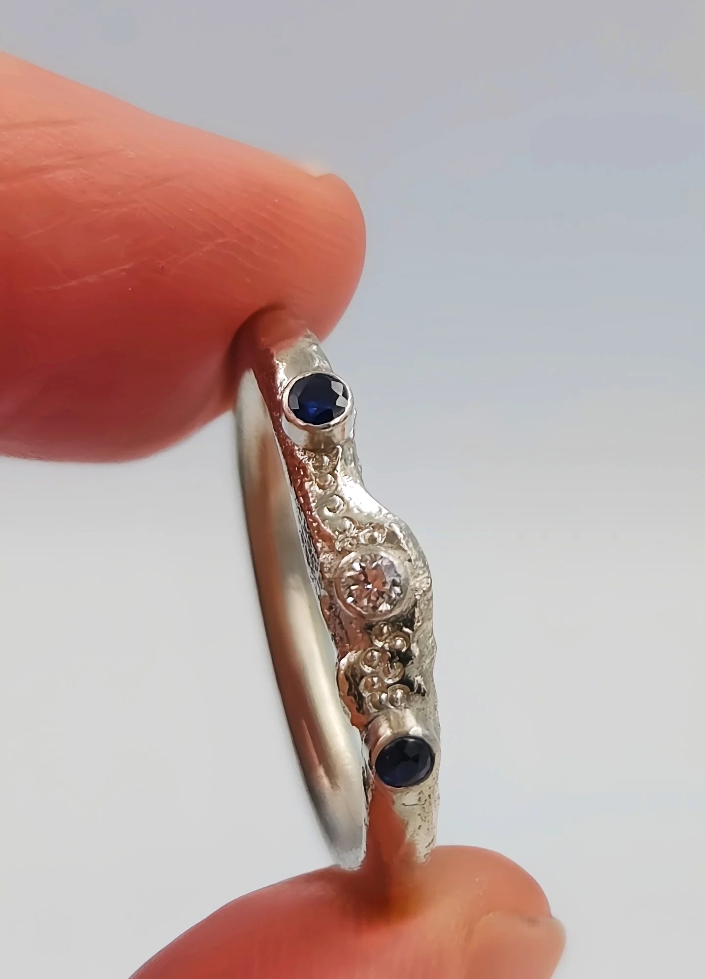 Hand-Forged Molten Sterling Silver Ring – Sapphire & Lab Diamond - Size L1/2