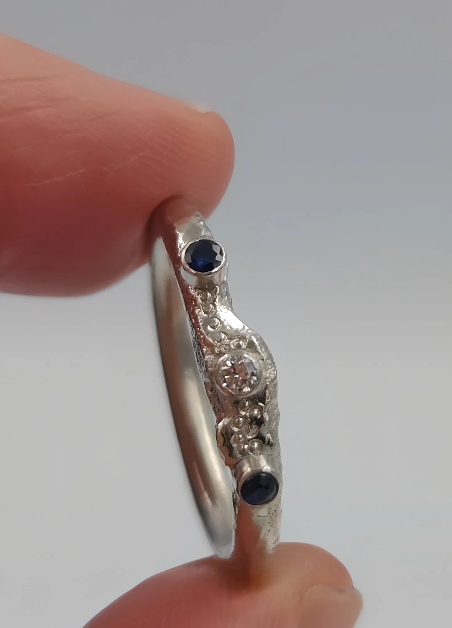 Hand-Forged Molten Sterling Silver Ring – Sapphire & Lab Diamond - Size L1/2