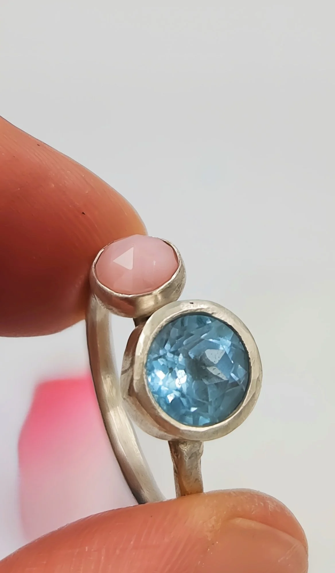 Blue Topaz and Pink Opal Double Stone Ring