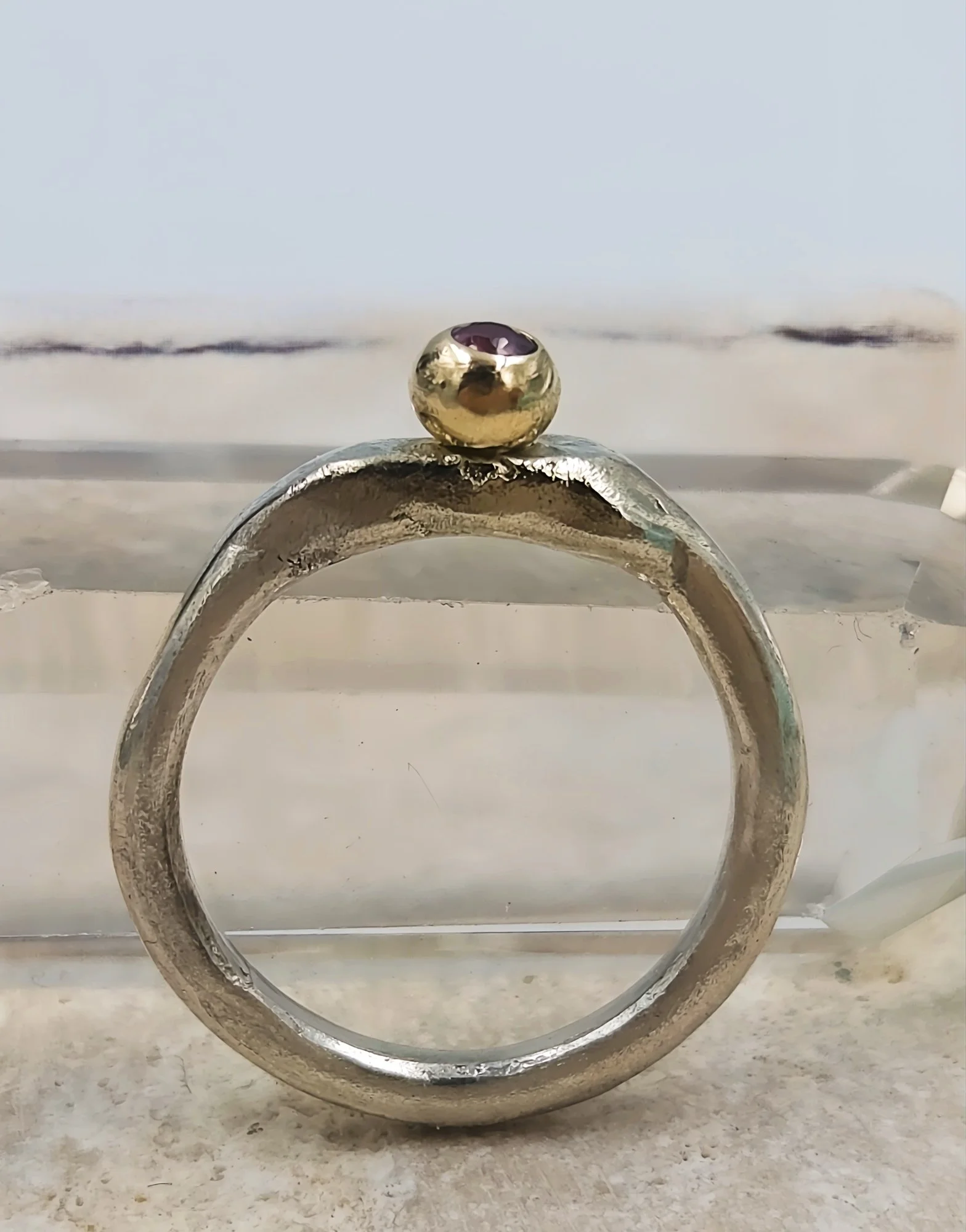 Molten Silver Pinky Ring with Gold Granule and Garnet