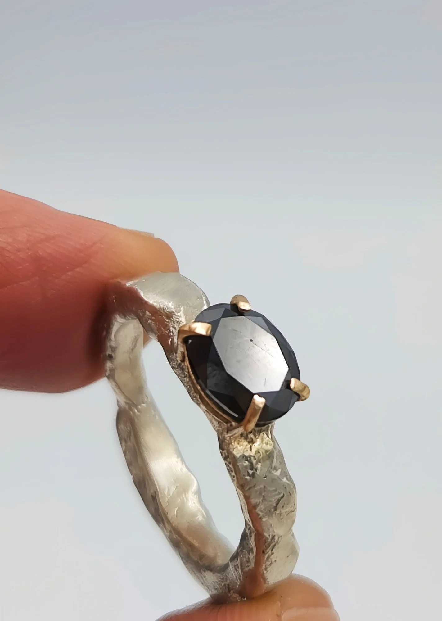 Hand-Forged Silver & Black Diamond Ring - Size N