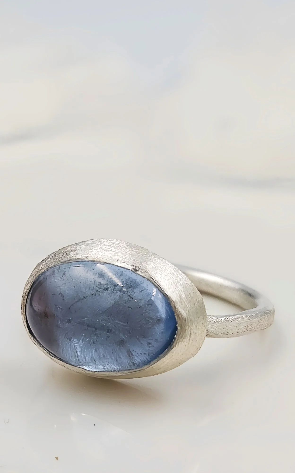 Handmade Silver Bezel Ring with Oval Synthetic Aqua Spinel