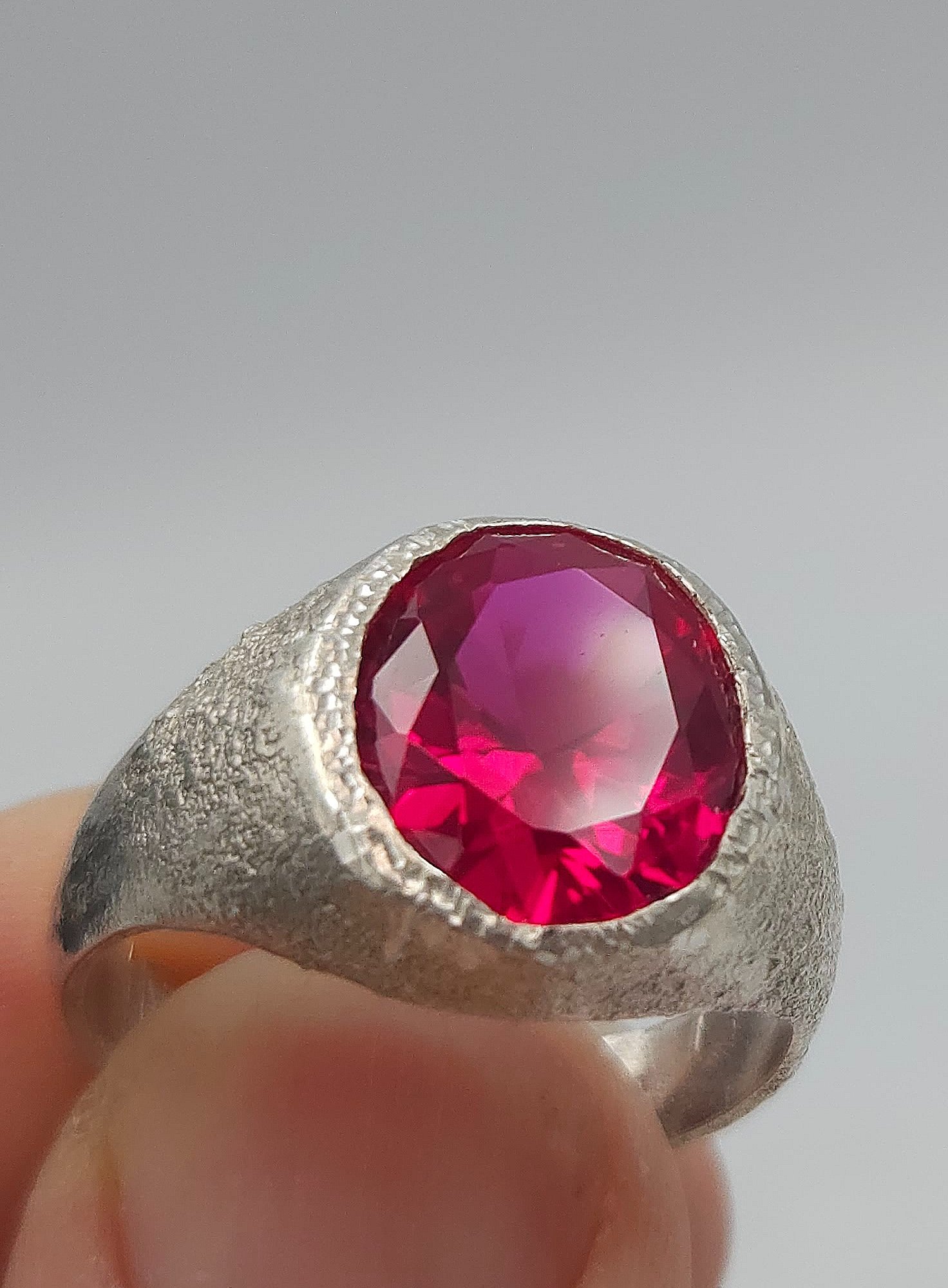 Textured Sterling Silver Ruby Signet Ring - July Birthstone - Size Q