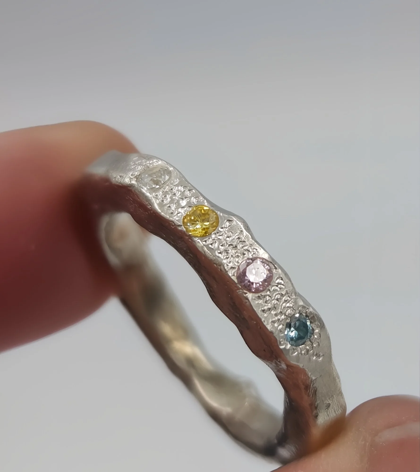 Hand-Forged Molten Silver Ring – Sterling Silver with Pastel CZ Gems