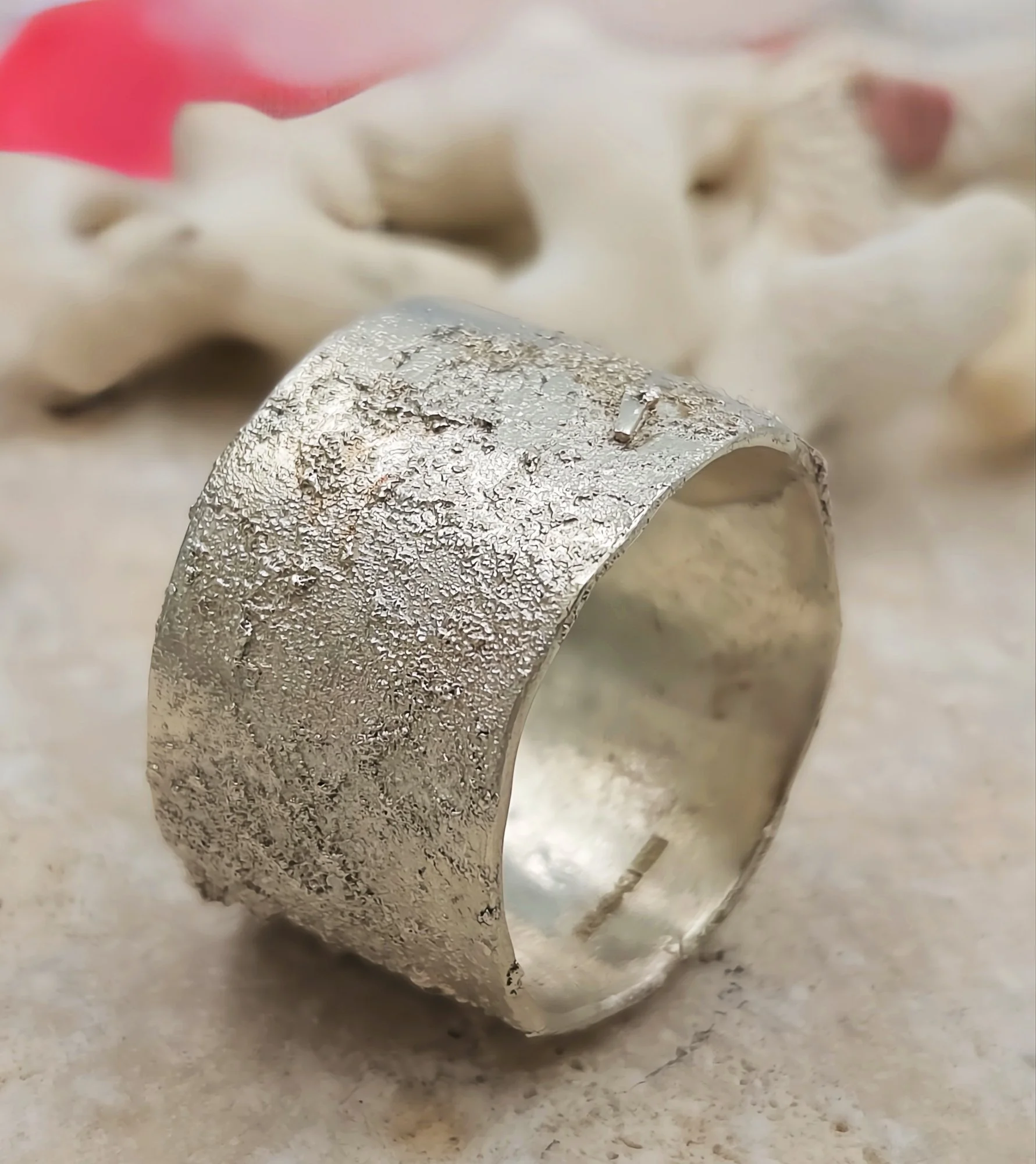 Hand-Forged Sterling Silver Textured Wide Band Ring - Size O