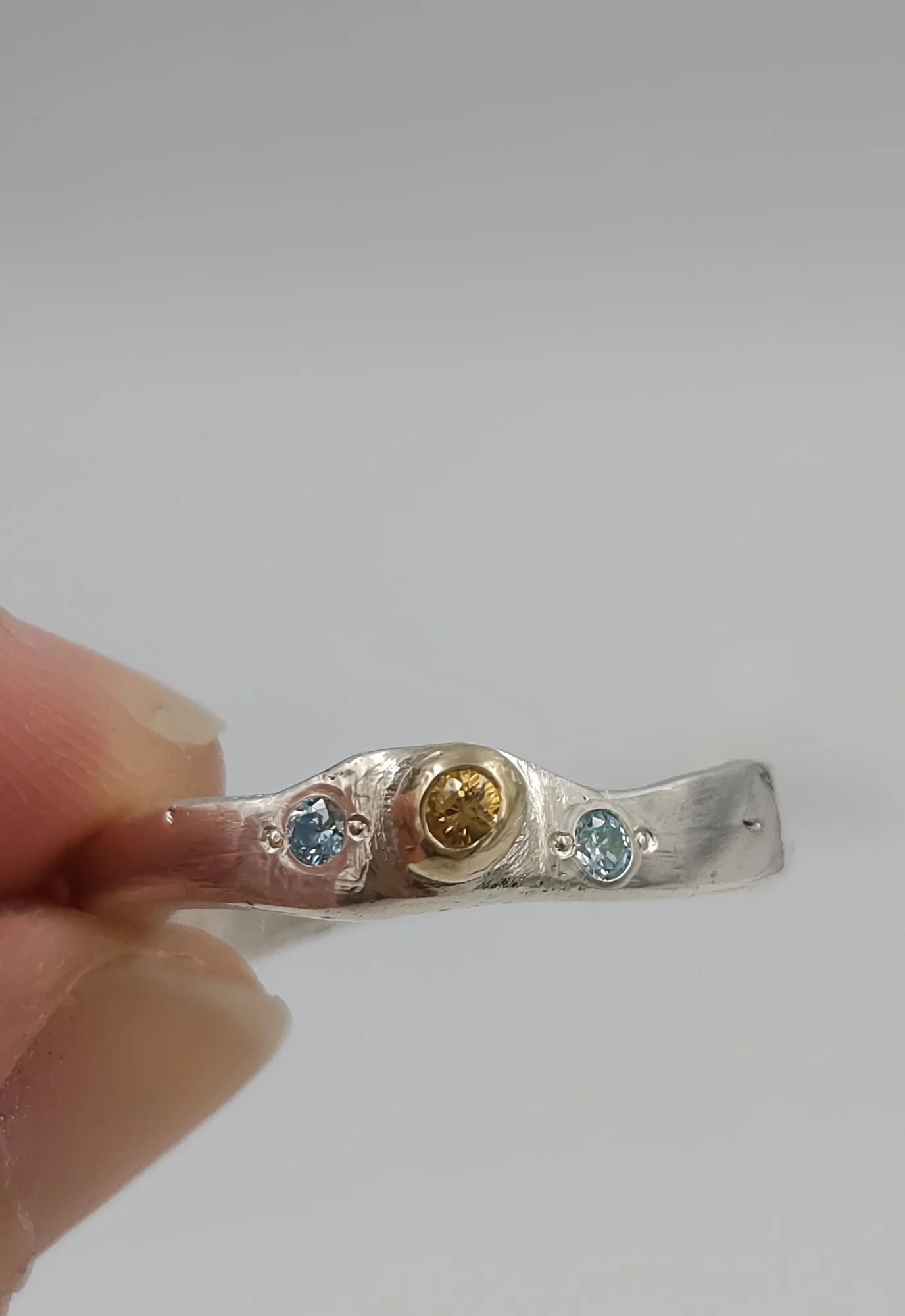 Sterling Silver & Gold Sapphire Artisan Ring - Size P