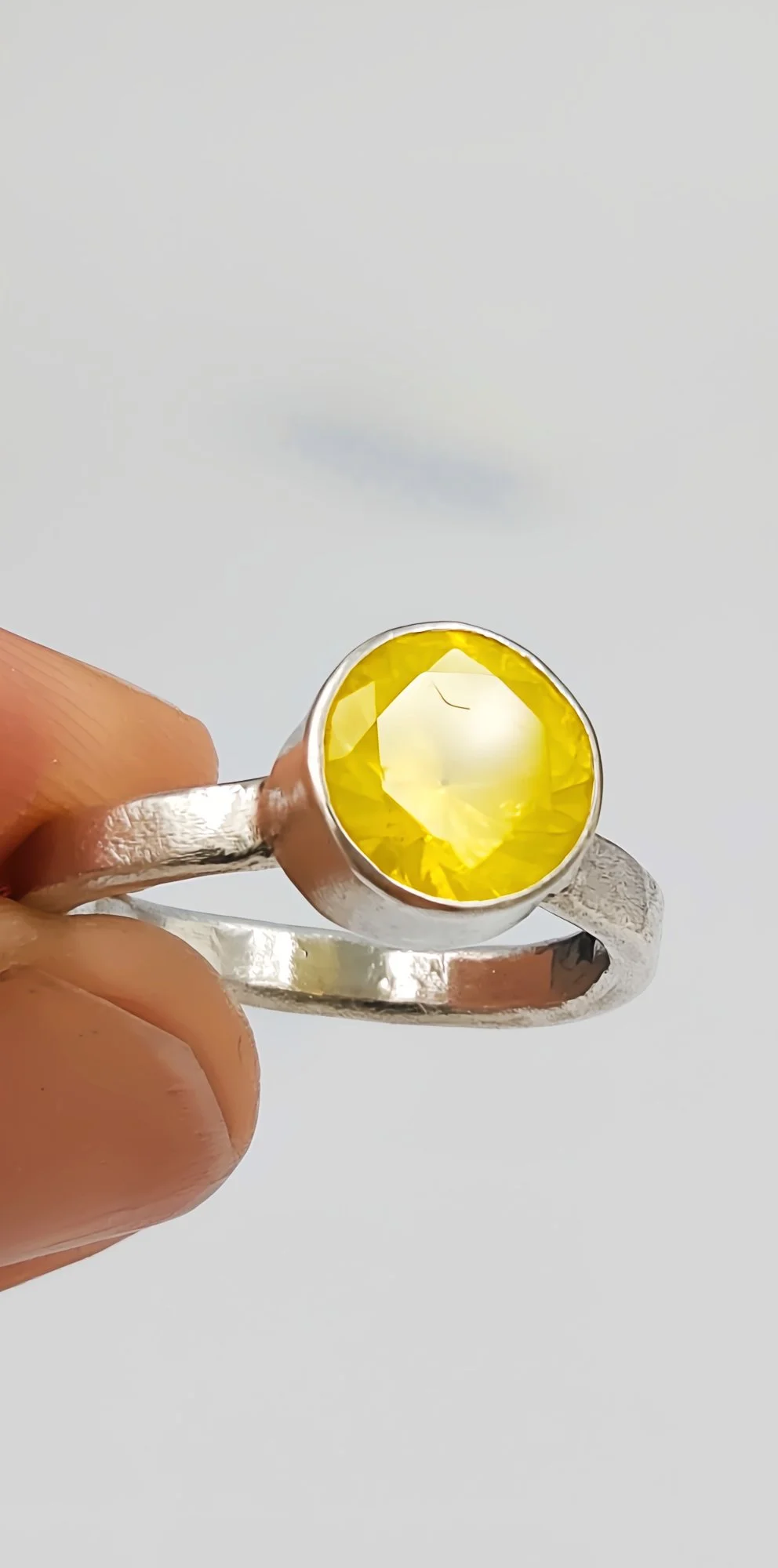 Molten Textured Sterling Silver Ring with 8mm Yellow YAG Gemstone