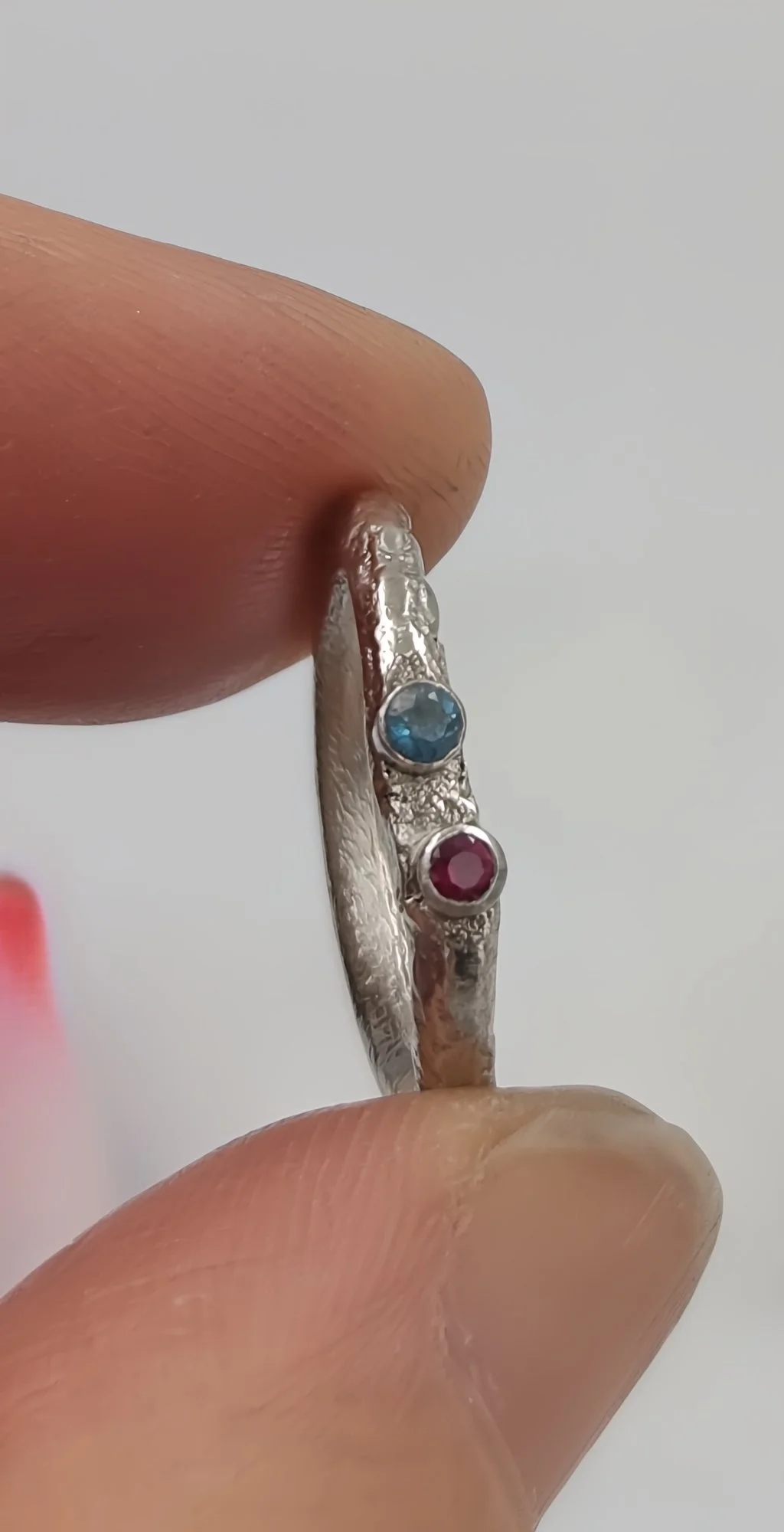 Rustic Elegance: Handforged Silver Ring with Ruby & Apatite- Size G1/2