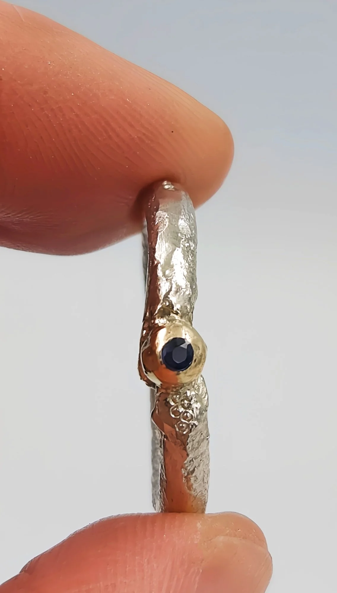 Molten Silver Ring with Gold & Sapphire - Size M