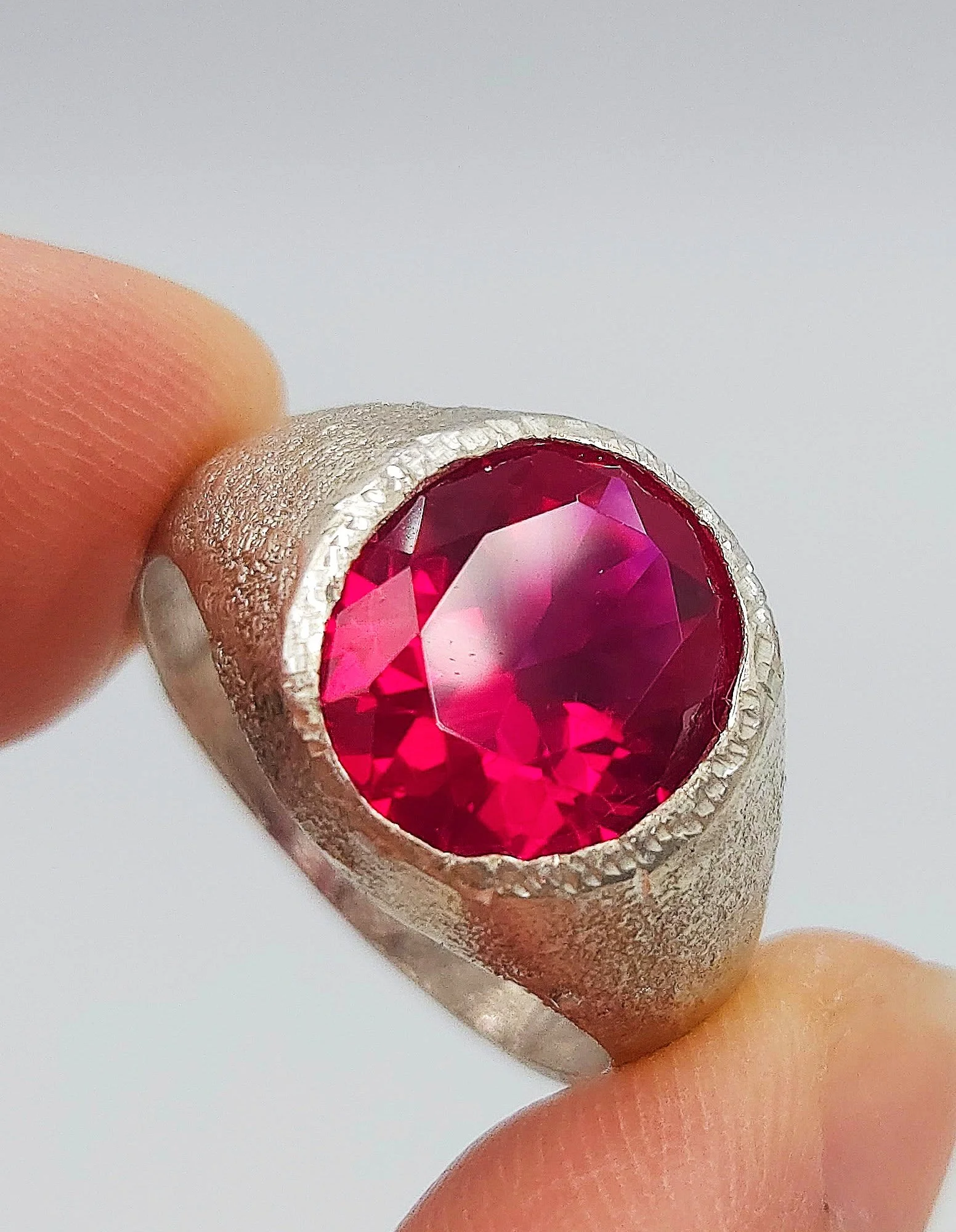 Textured Sterling Silver Ruby Signet Ring - July Birthstone - Size Q