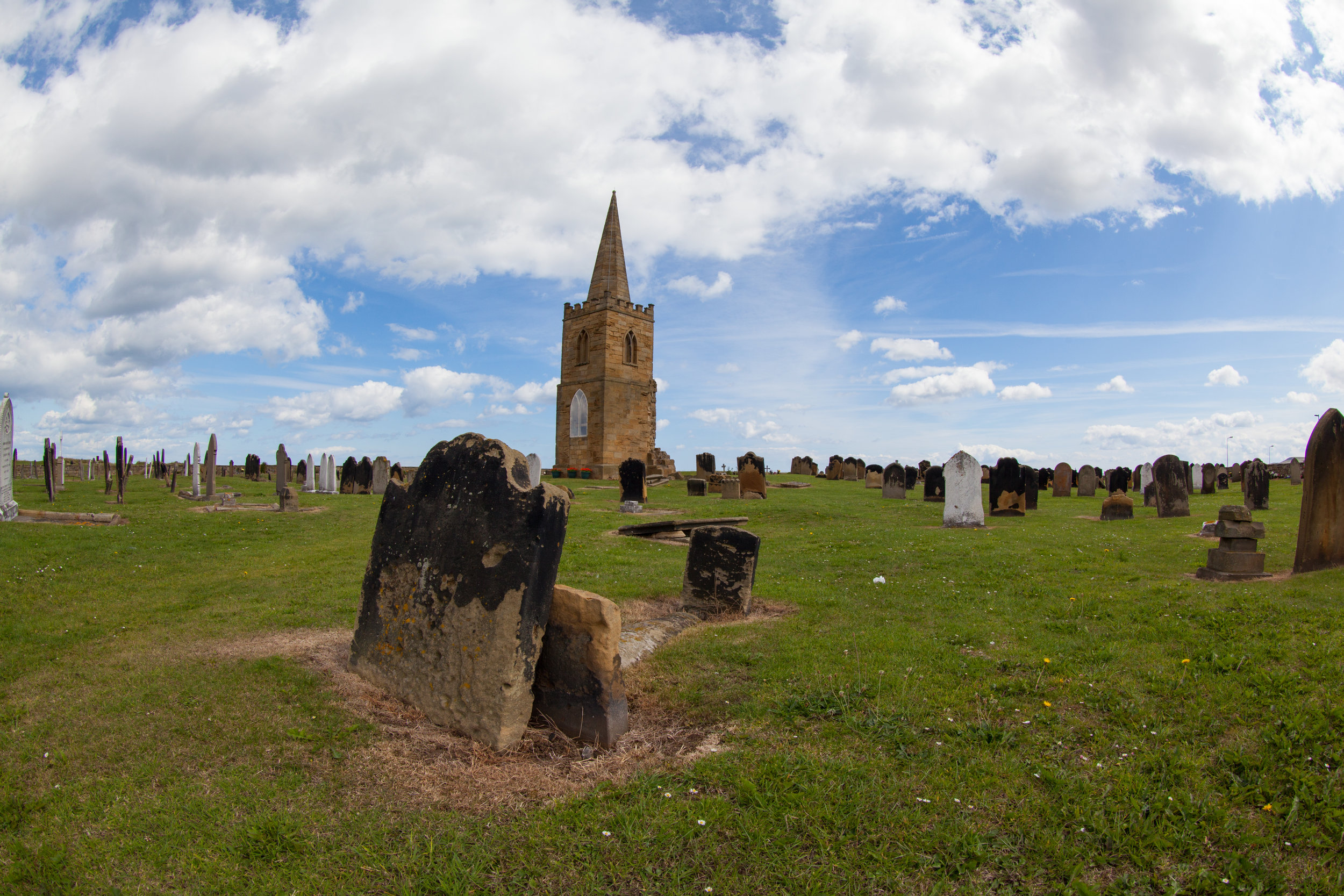 A church and graveyard.