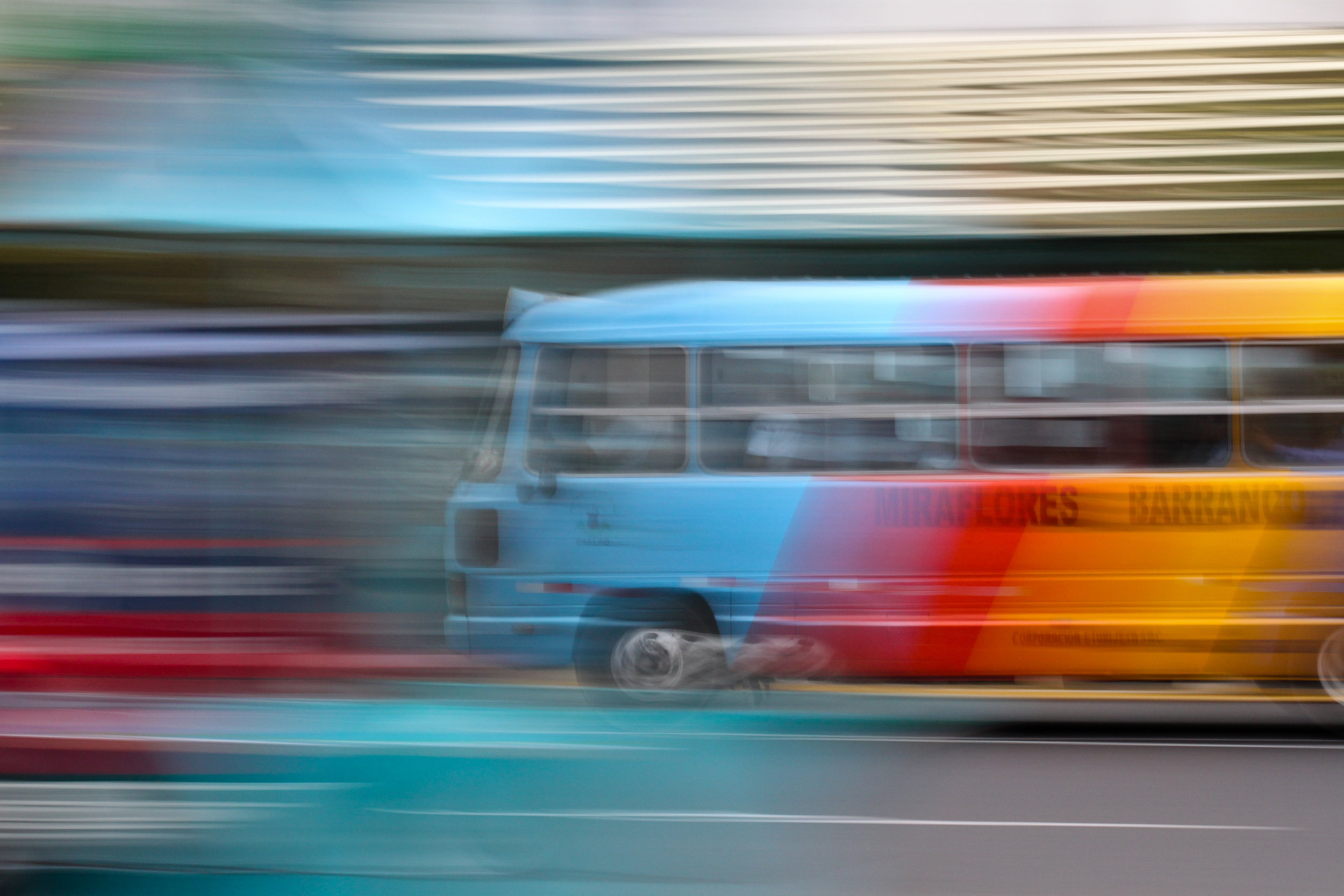 A slow shutter speed photograph of a Bus in Miraflores, Lima, Peru.