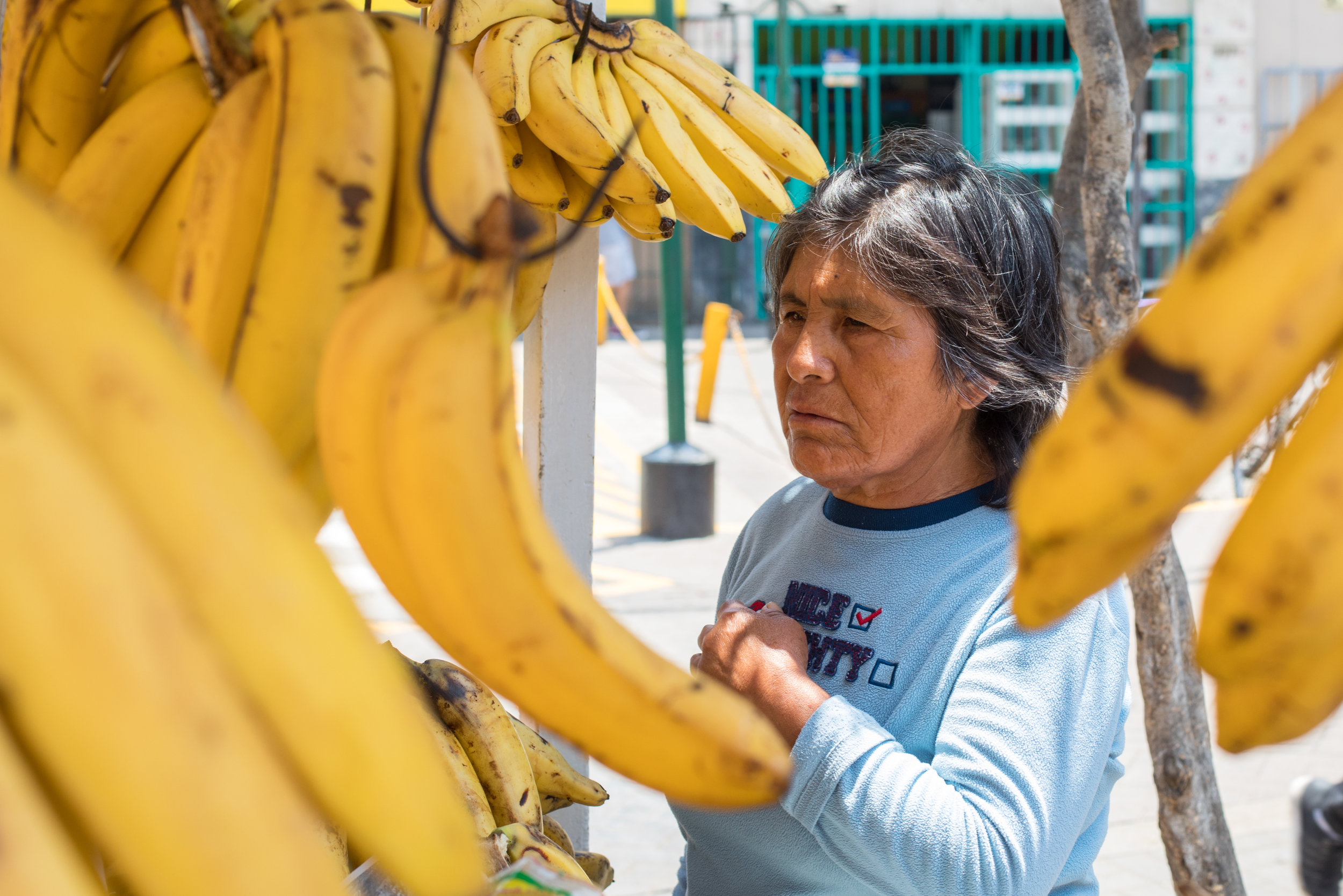 Bananas hanging in a market stall in Lima creating a natural frame in this image.