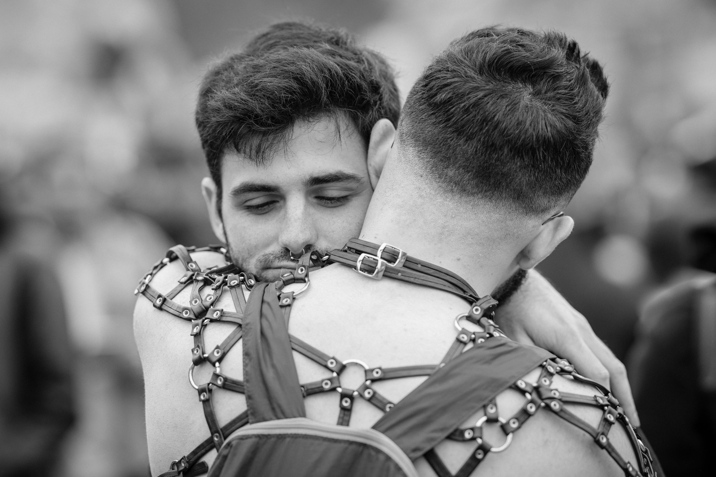 A gay couple embrace at Pride Peru 2018 in Lima.