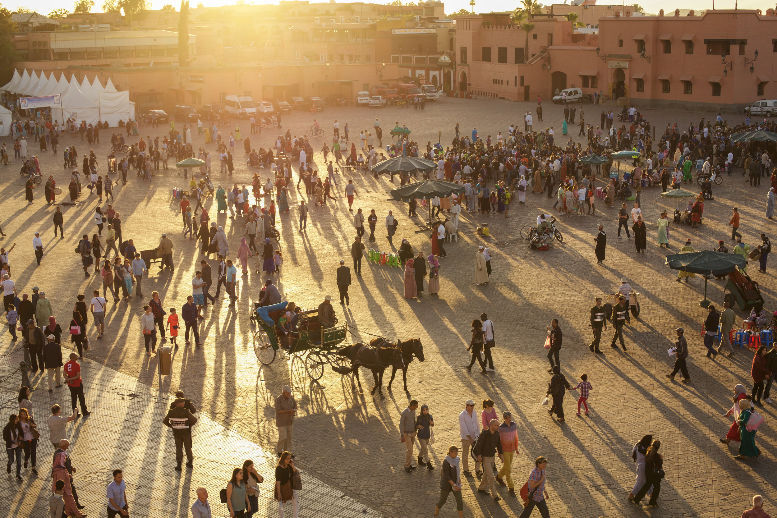 Sunset over Jemaa el-Fnaa, the main square and market place in Marrakesh's medina quarter.