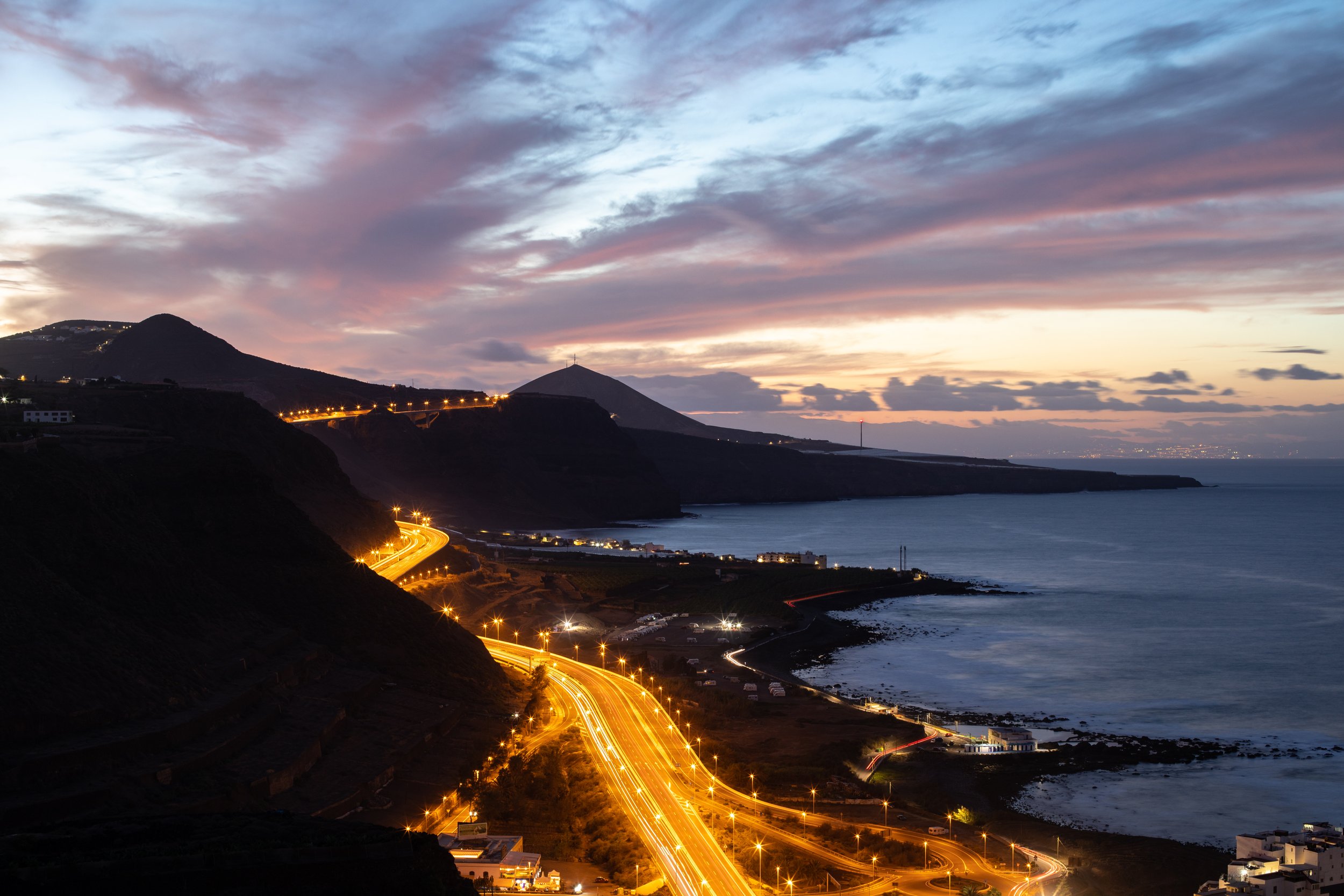 Long exposure image while the sun sets over the Northern coast of Gran Canaria.
