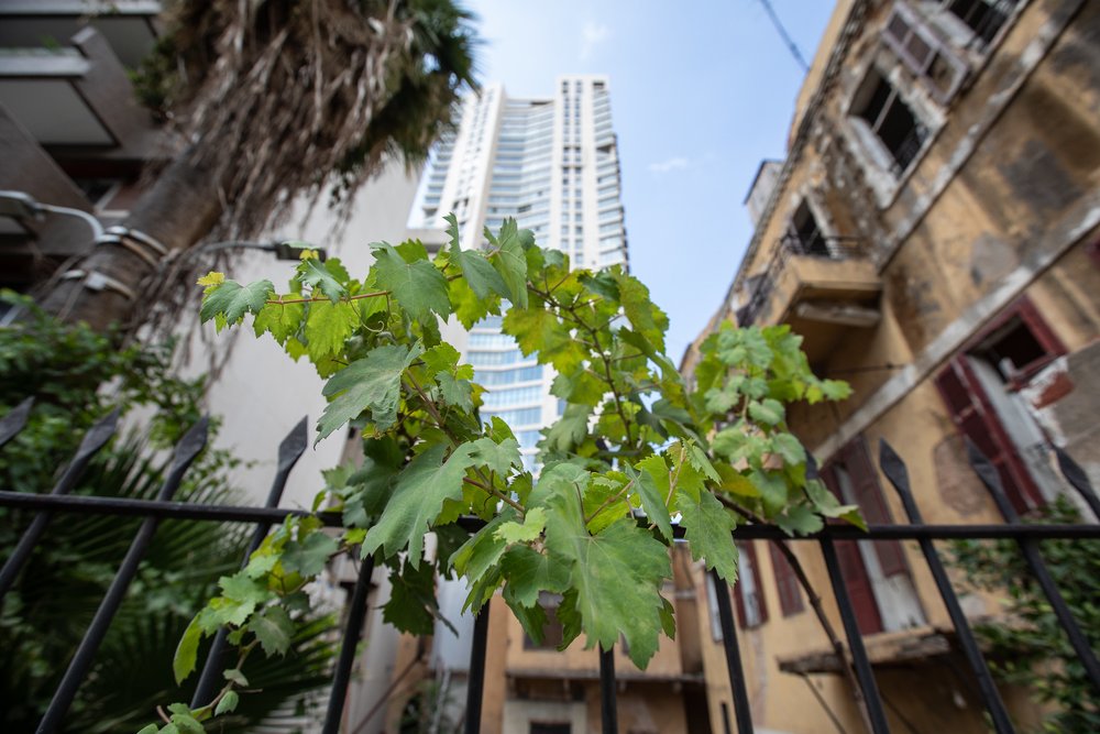 A wide angled view looking up at both old traditional architecture and a modern high rise in the distance.  Taken in the Gemmayzeh neighbourhood of Beirut.
