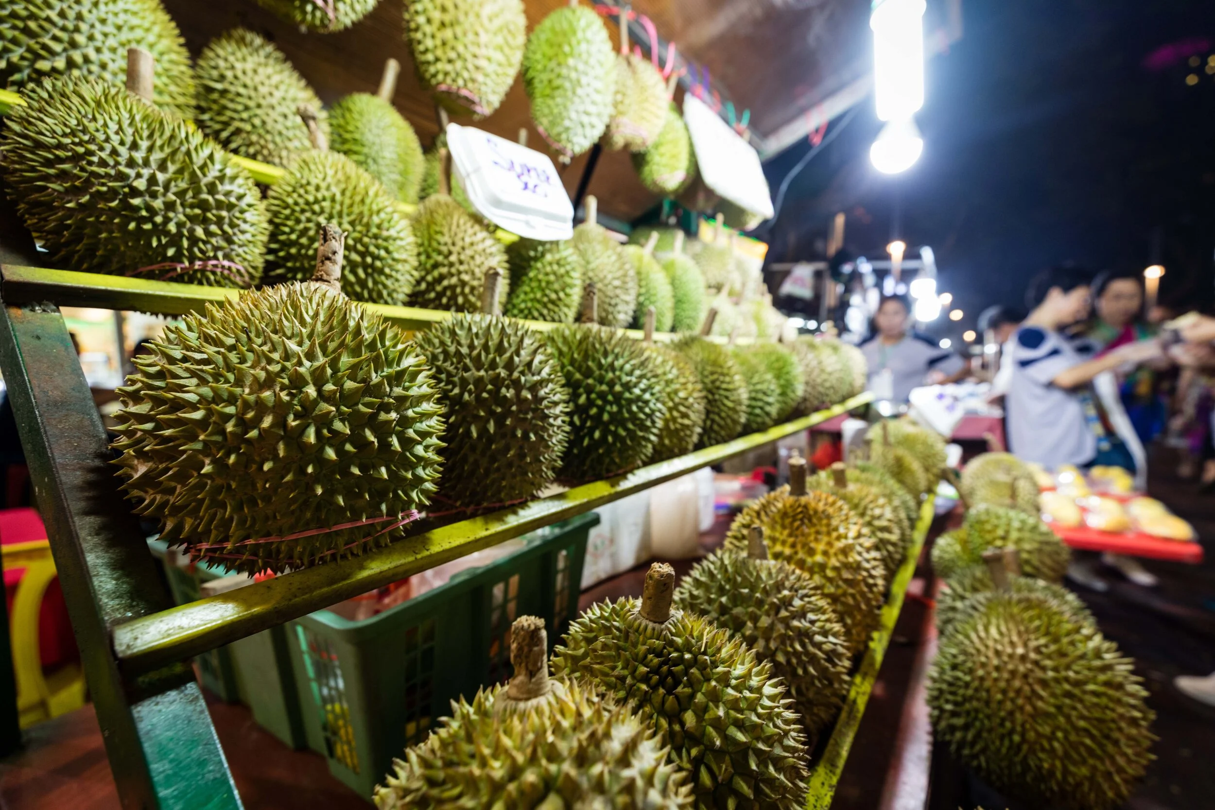 Durians on sale at a street stall in Kuala Lumpur, Malaysia