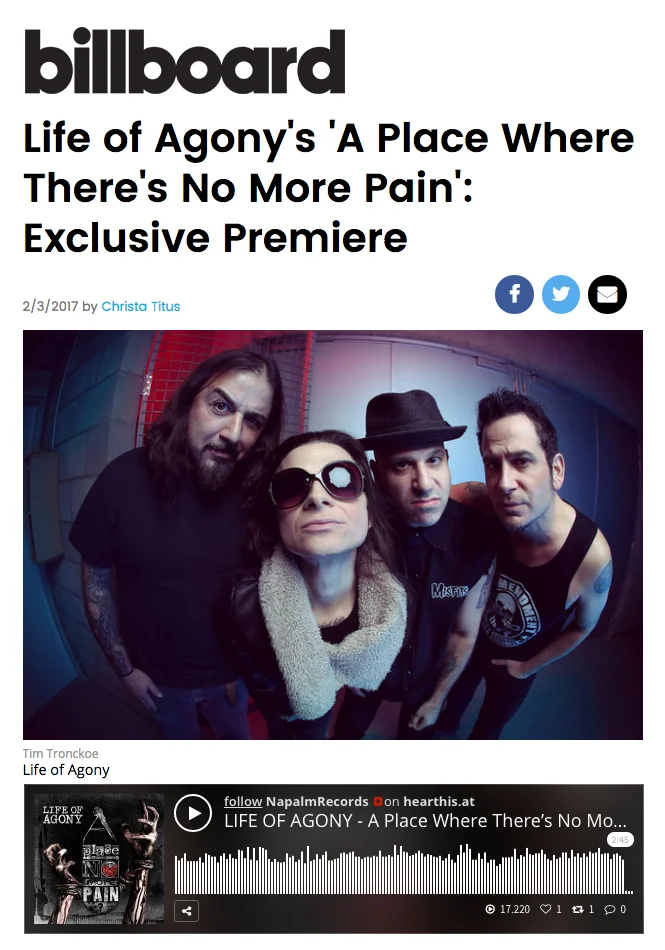 Billboard Premieres Life of Agony's First Song in Over Twelve Years! New Album "A Place Where There's No More Pain" Drops April 28th!
