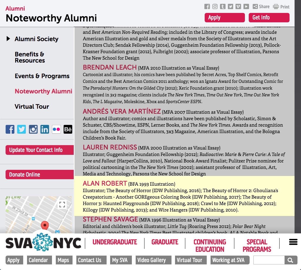 SVA Noteworthy Alumni Alan Robert, Illustration Very honored to be named as one of School of Visual Arts' Noteworthy Alumni Illustrators! http://www.sva.edu/alumni/noteworthy-alumni