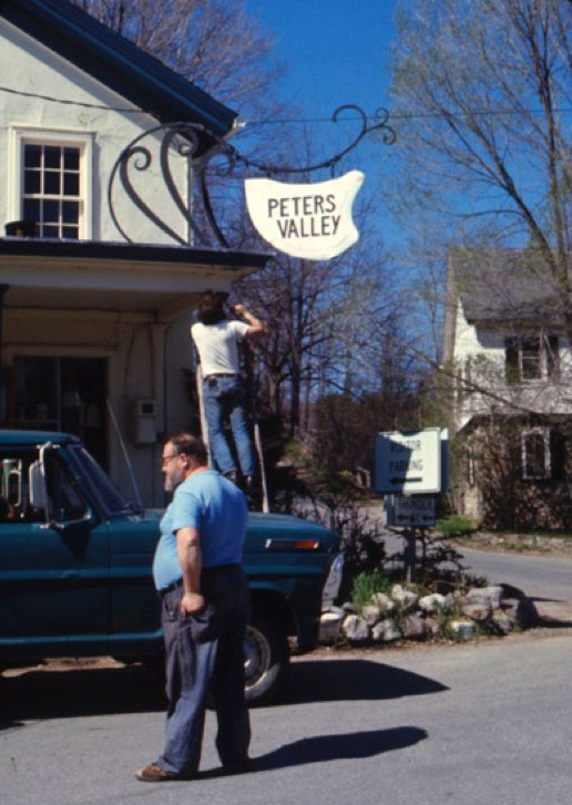 Emil overseeing the installation of the Peters Valley sign fabricated by him and blacksmith Tom Maiorana (early 1970s). Photo courtesy to Tom Maiorana.