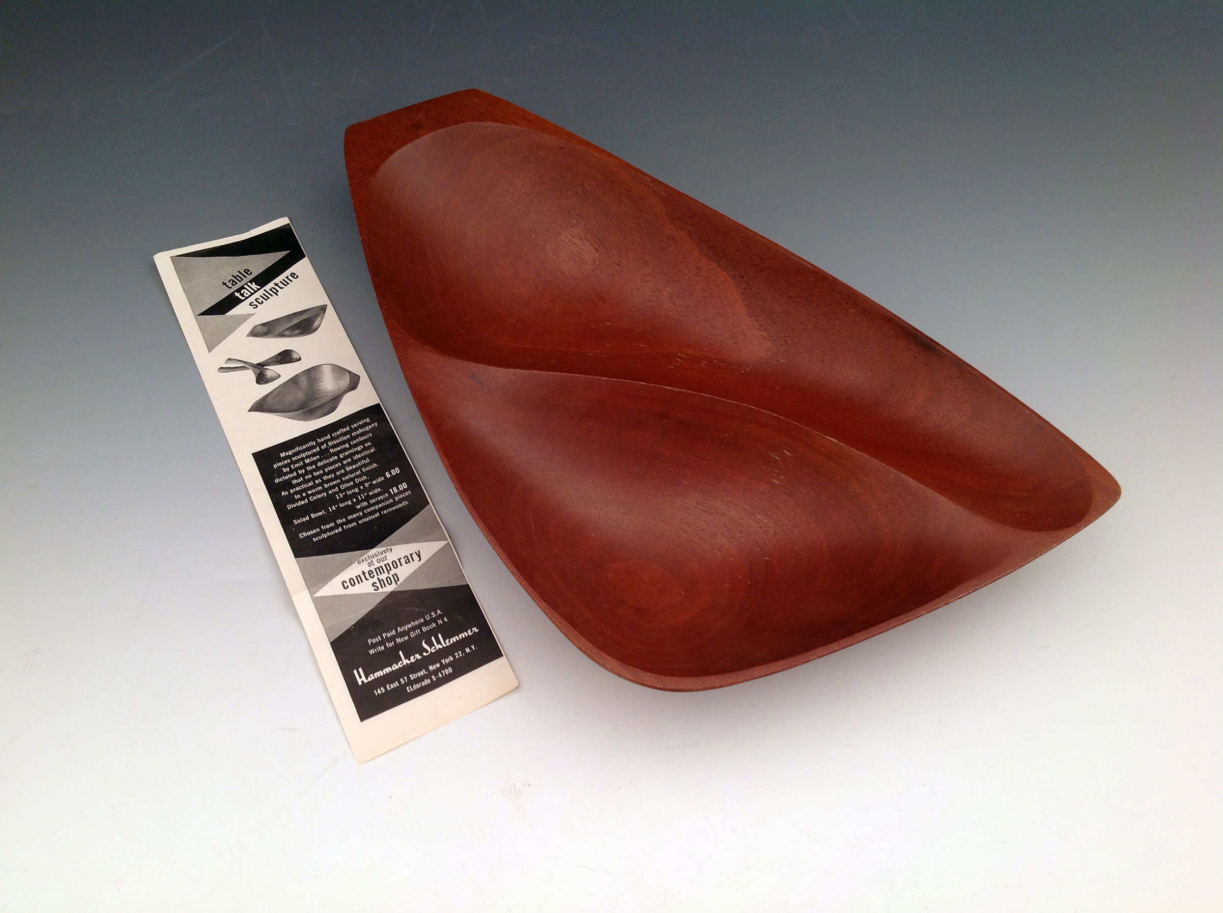 Two-compartment bowl featured in the Hammacher Schlemmer ad. Emil Milan | Table Talk Bowl | Hardwood | 1 1/4 x 7 3/4 x 14 1/2 inches | Courtesy of Craig Edelbrock | Photo by John Carlano