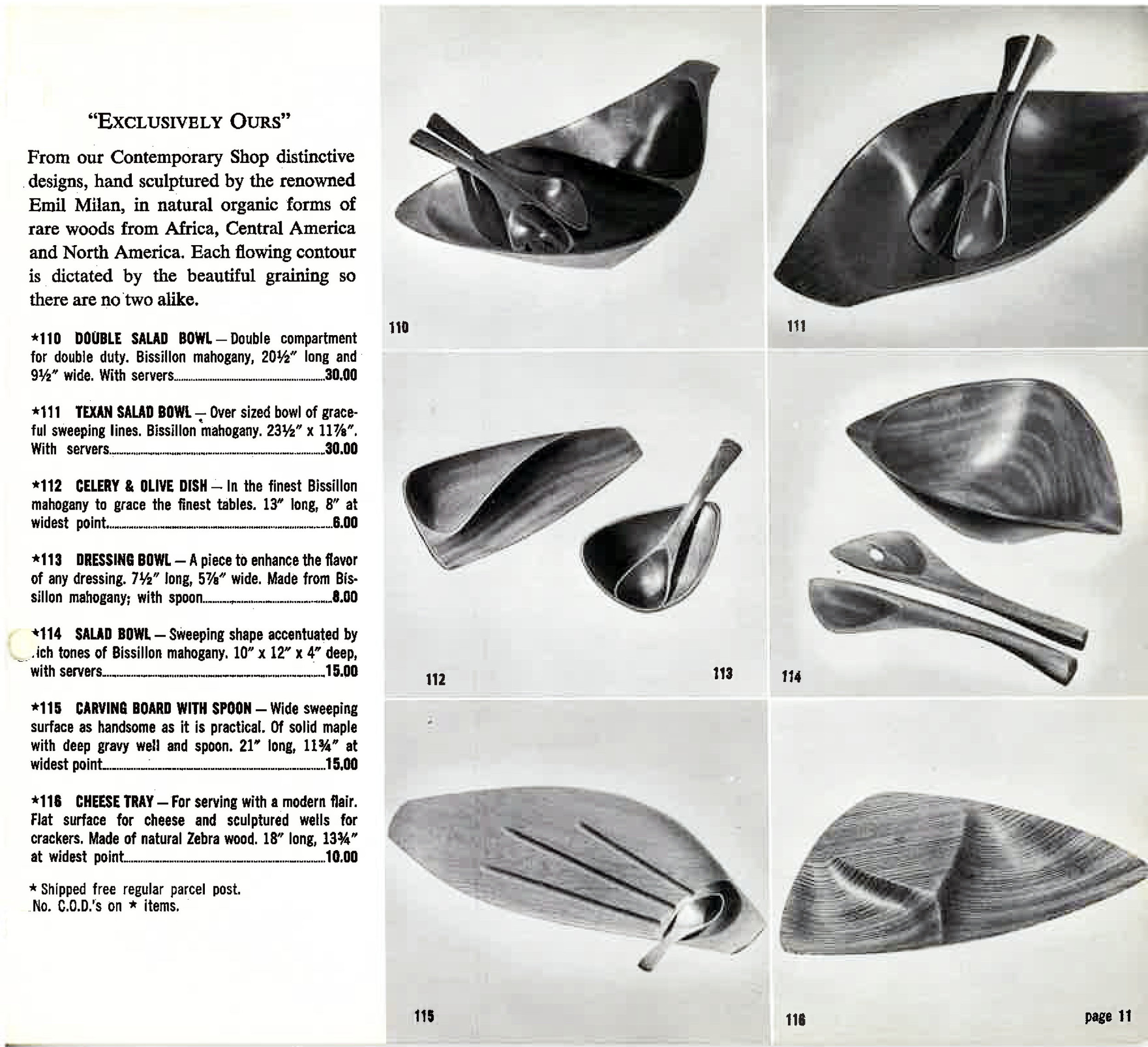A page from the 1954 Hammacher Schlemmer Gift Catalog, showcasing the exclusive "hand sculptured" work of Emil MIlan. 