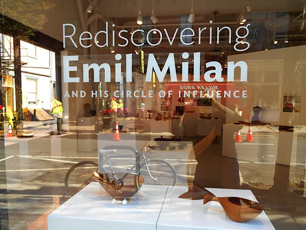 The exterior title graphics for the exhibition Rediscovering Emil Milan and His Circle of Influence at The Center for Art in Wood.