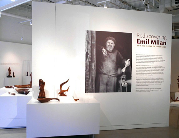 The title wall for the exhibition Rediscovering Emil Milan and His Circle of Influence at The Center for Art in Wood.