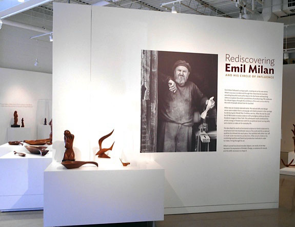 The title wall for the exhibition  Rediscovering Emil Milan and His Circle of Influence  at The Center for Art in Wood.