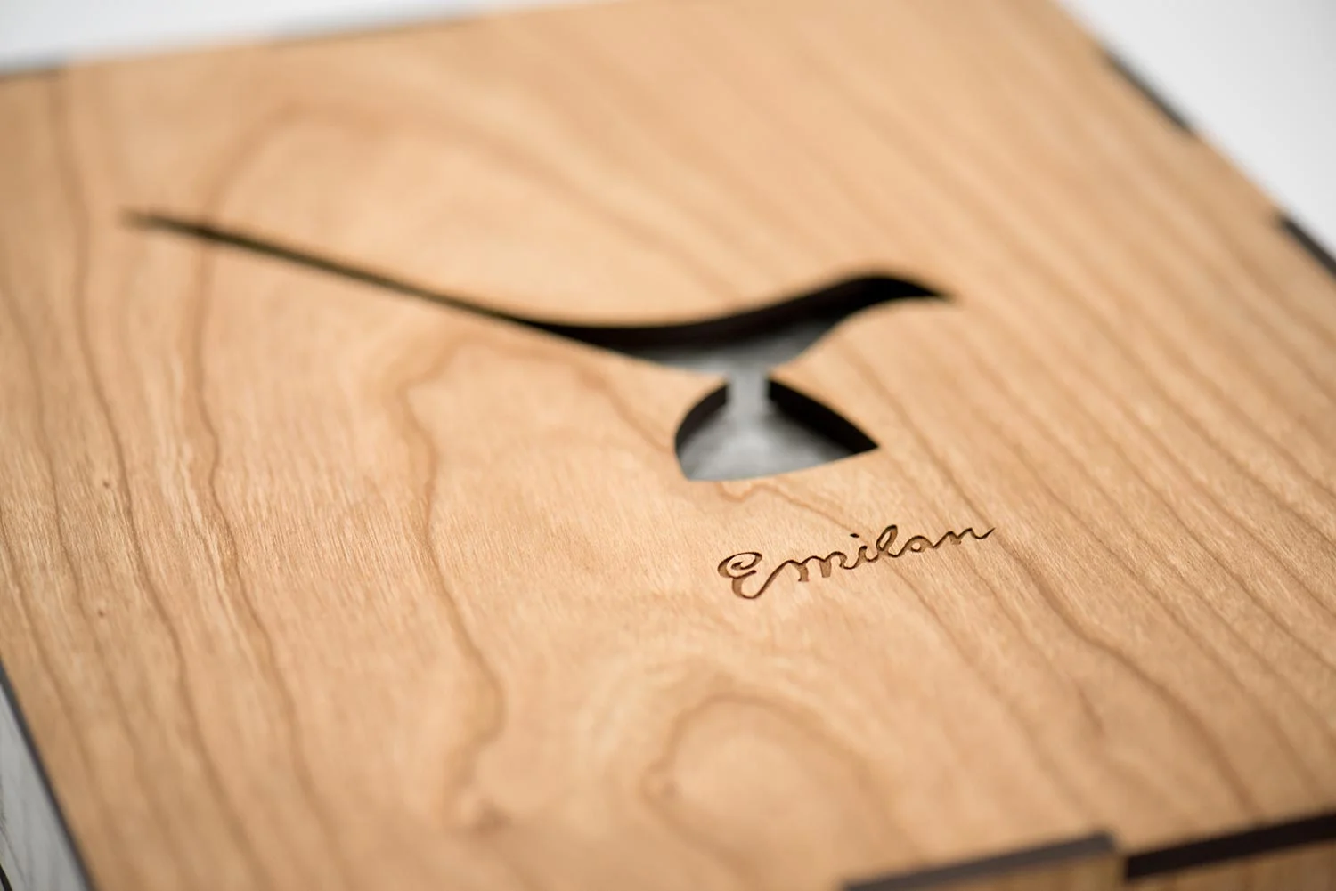 Laser cut cherry veneer wood slip case.