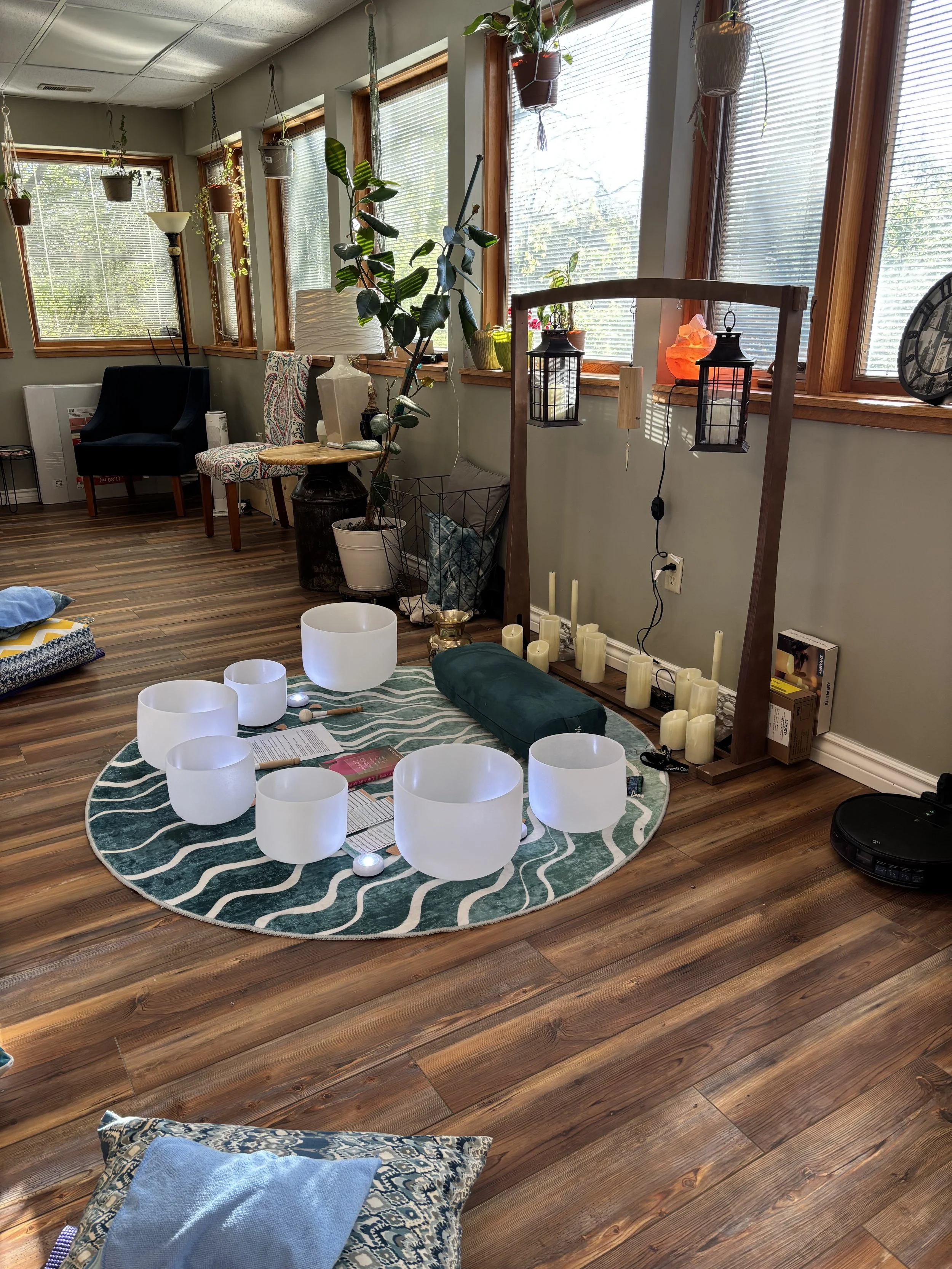 Singing Bowls set up for sound bath