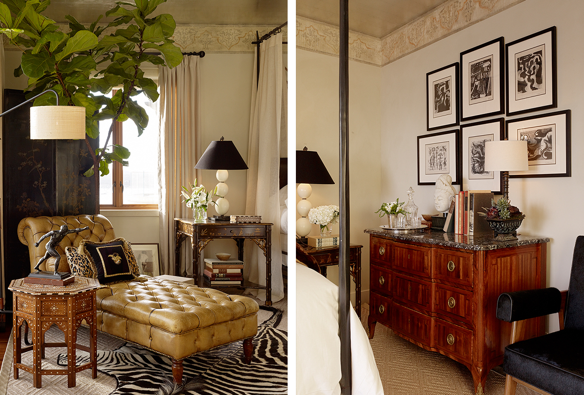 leather tufted chaise and gallery wall in bedroom