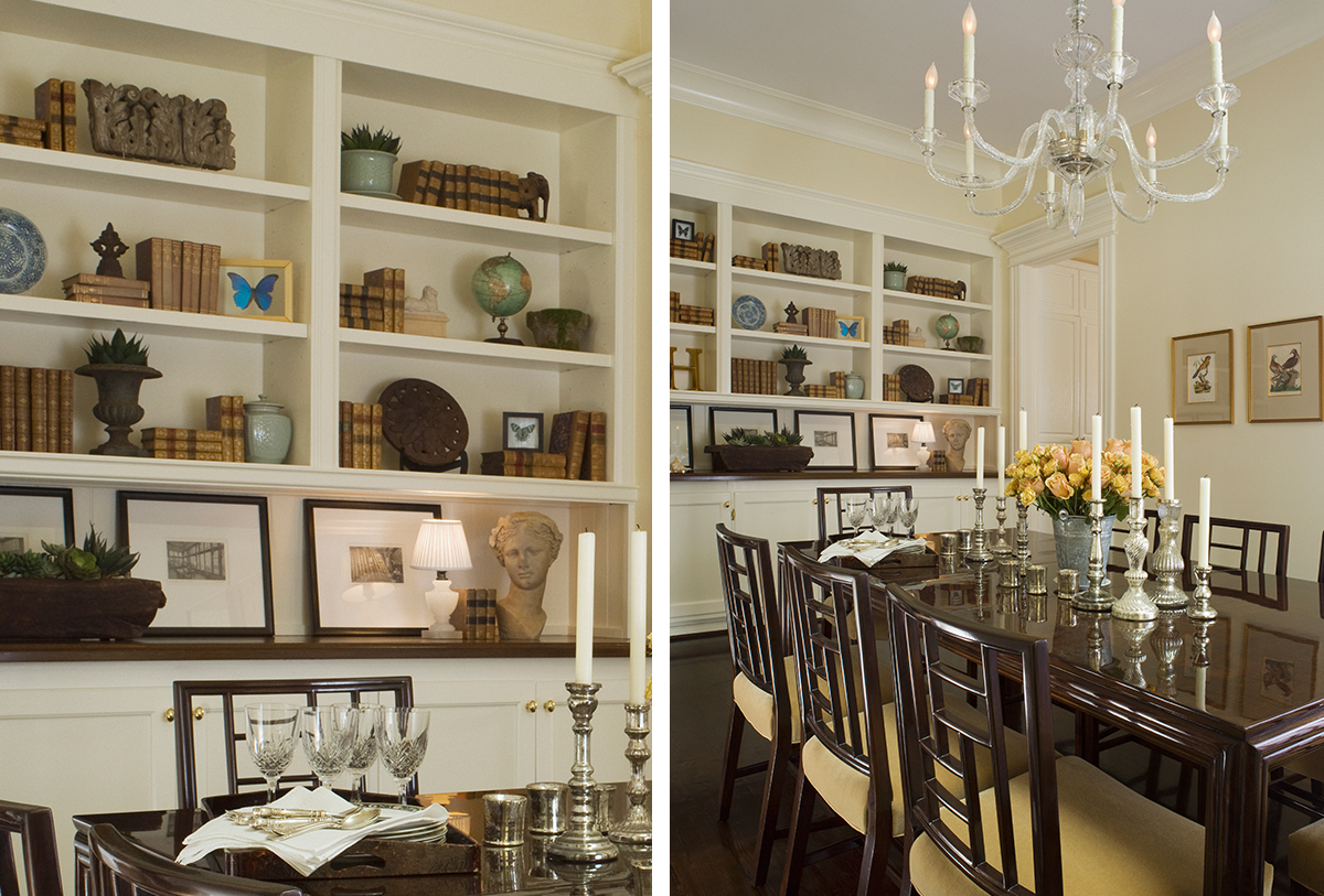 victorian dining room with built in bookshelves
