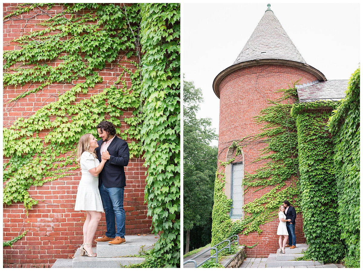 boston couple standing in front of a brick ivy wall
