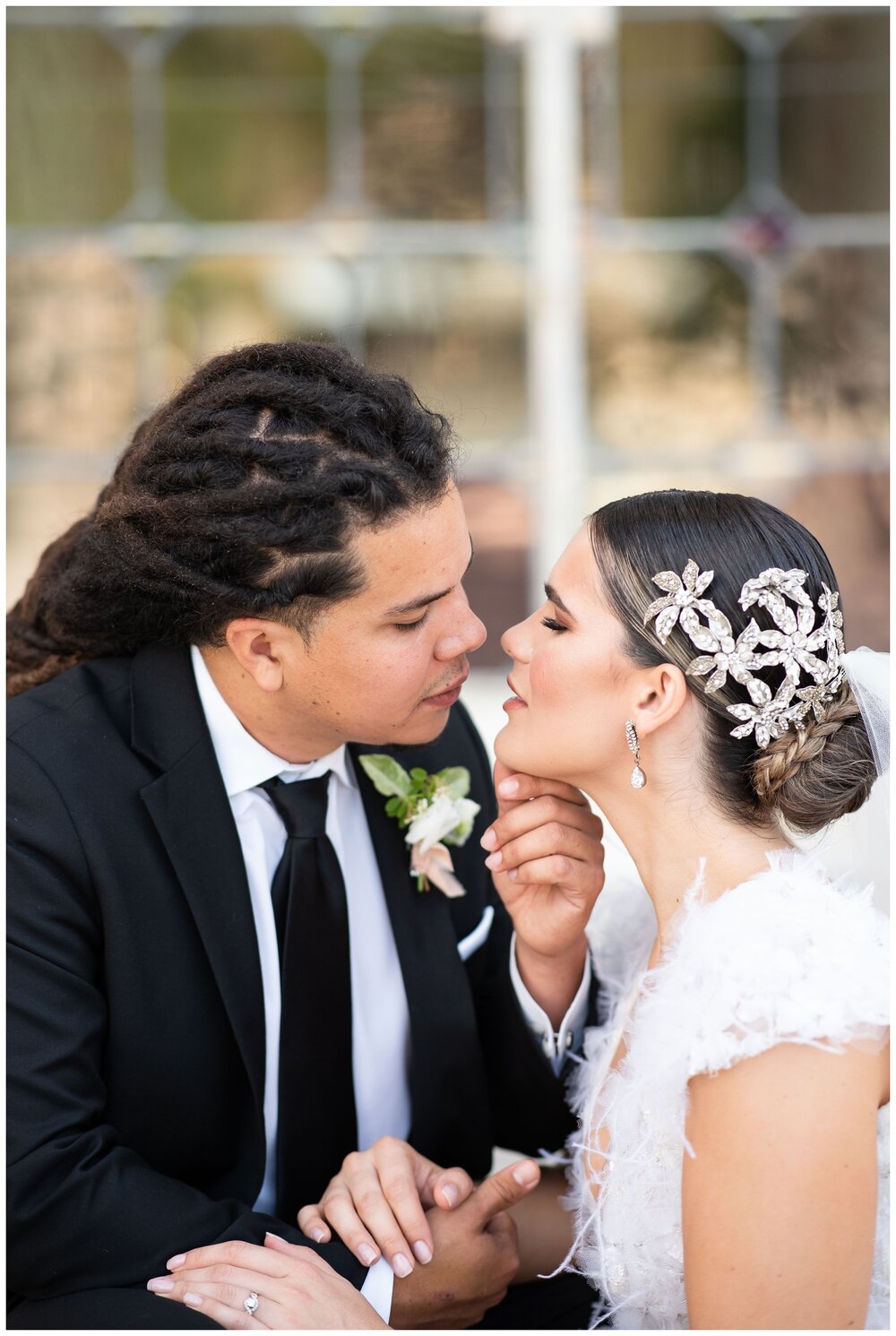 groom holding brides chin portrait for elopement at Vizcaya Museum and Gardens